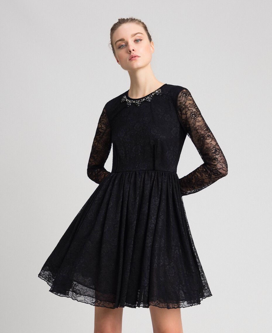 Robe en dentelle stretch et tulle Femme, Noir | TWINSET Milano