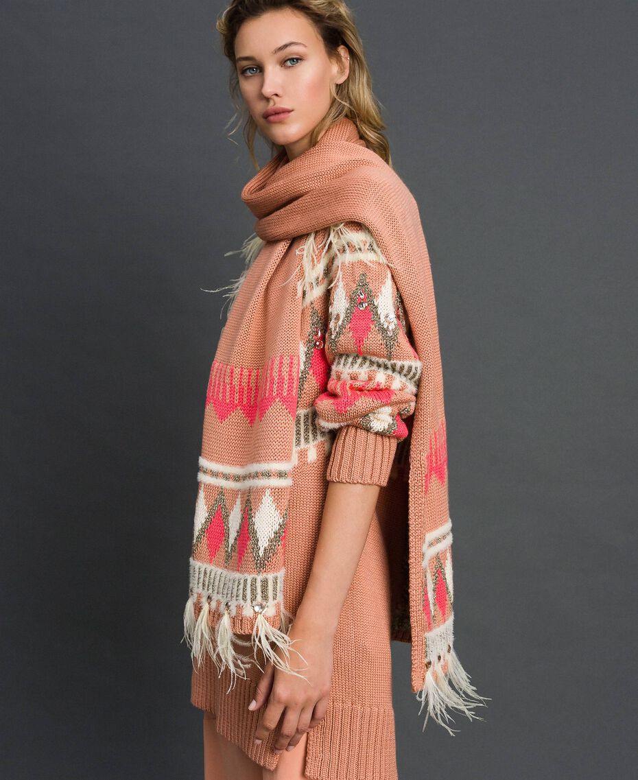 Jacquard knit scarf with bezels and feathers Woman, Pink | TWINSET Milano