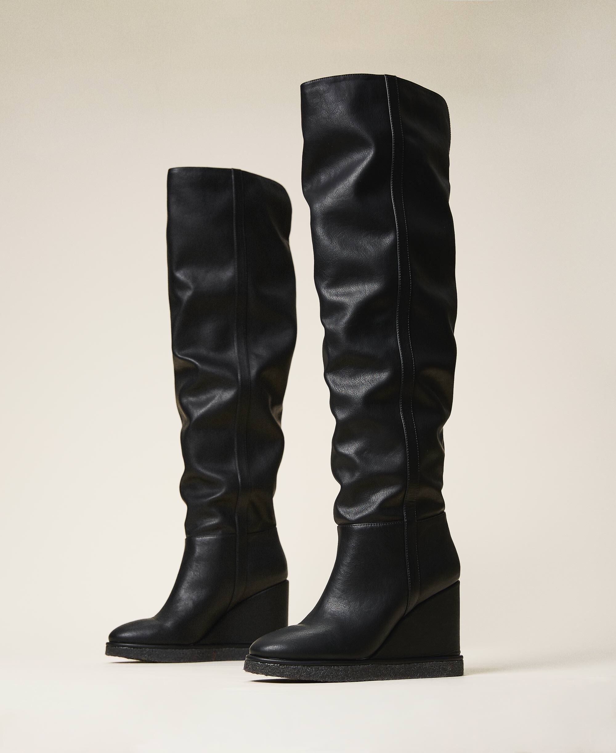 black thigh high wedge boots