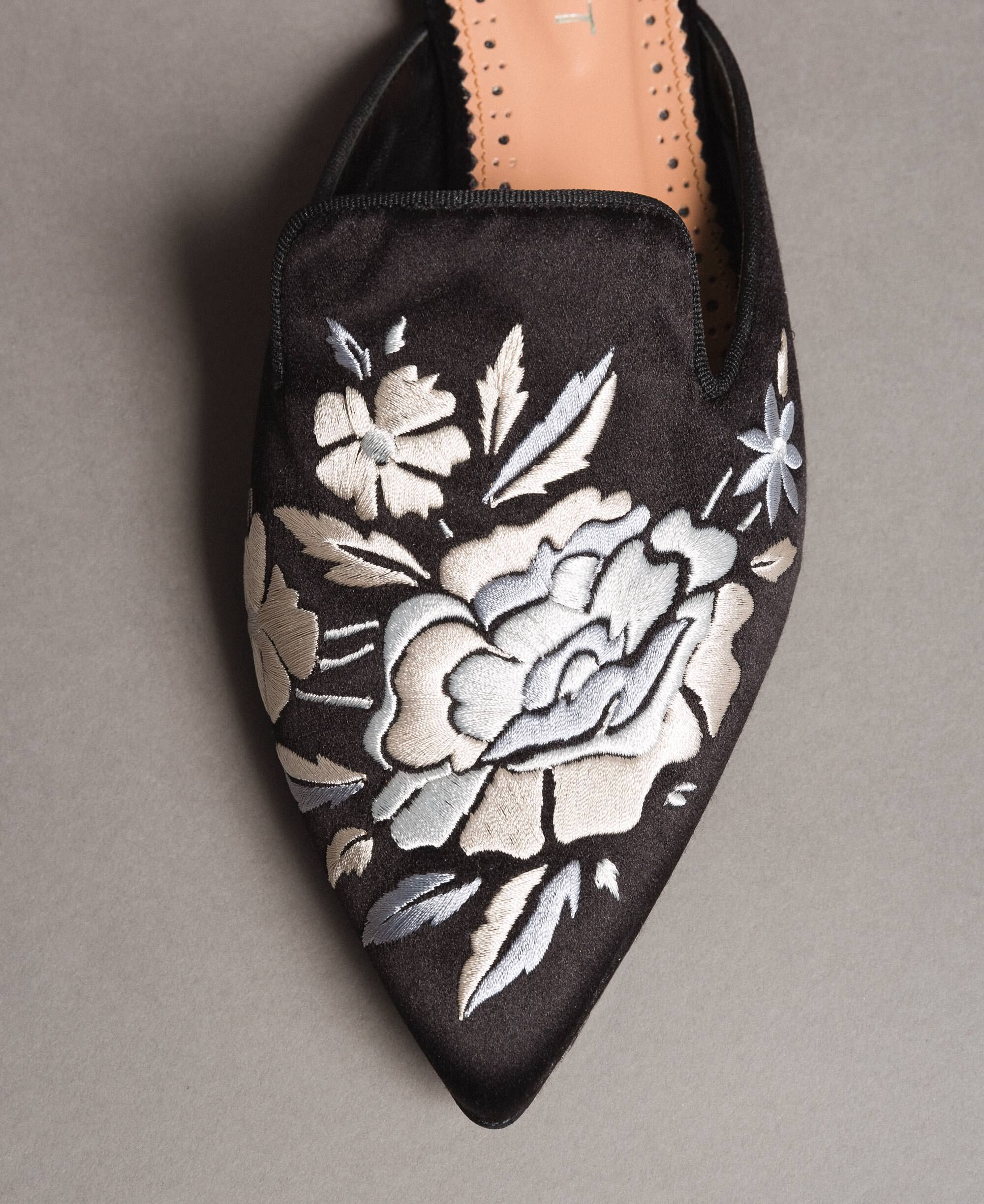 black embroidered mules