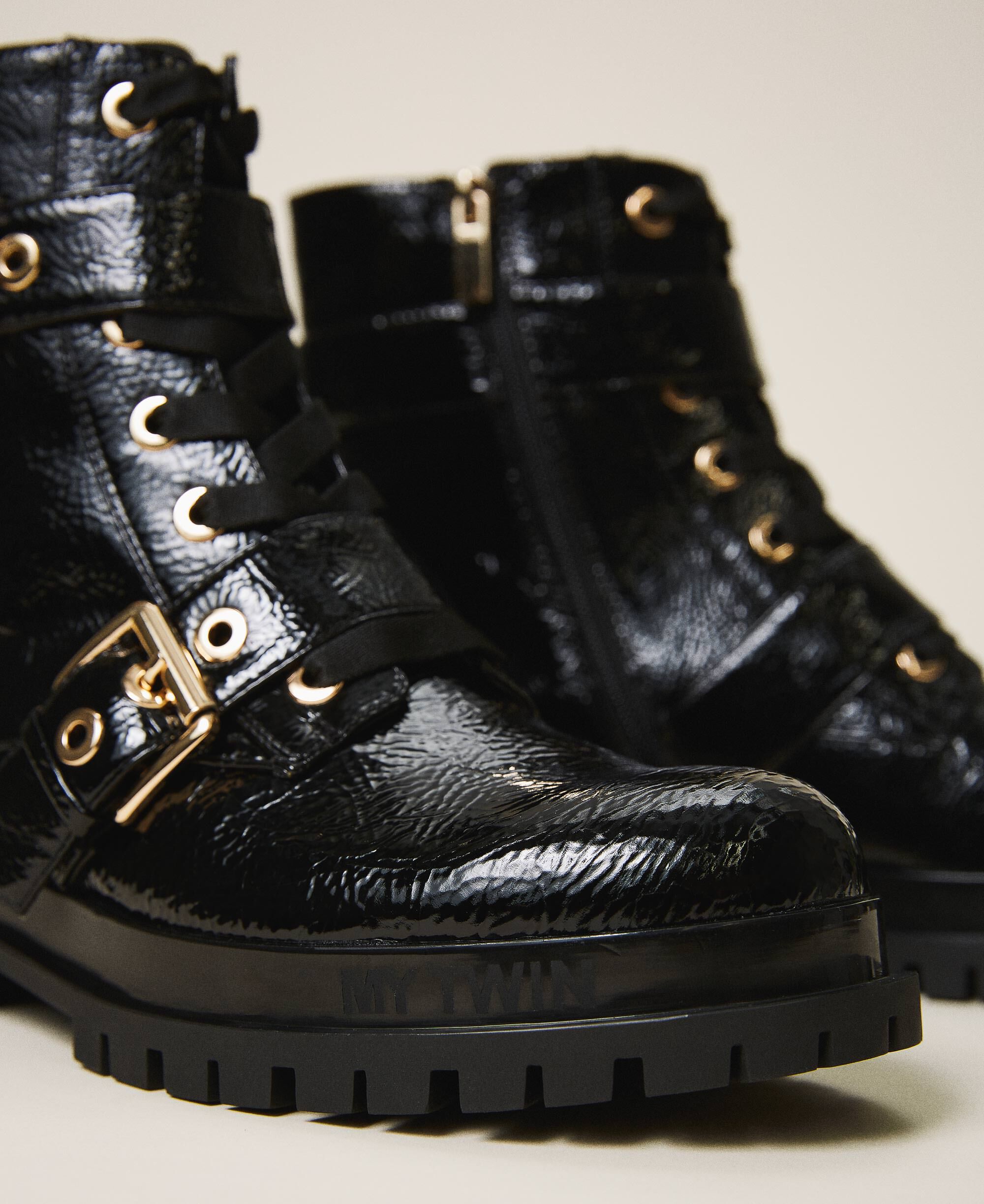 patent black biker boots