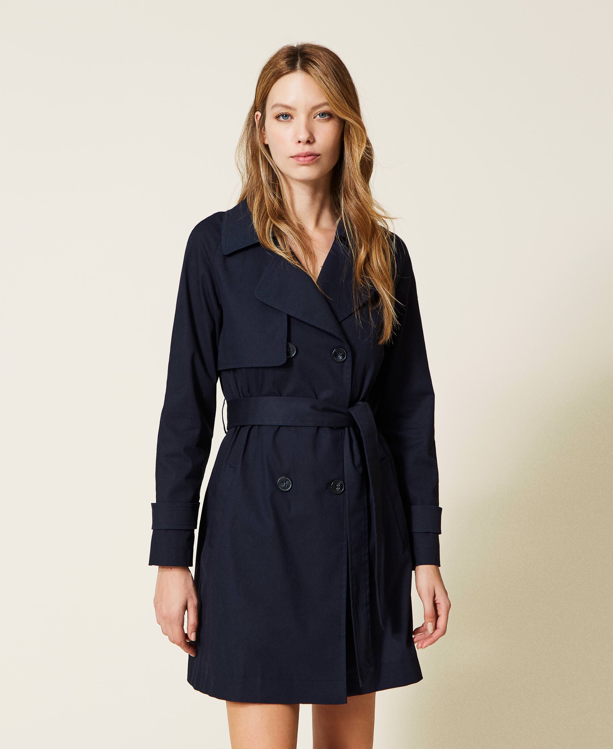 Double breasted gabardine trench coat Woman, Blue | TWINSET Milano