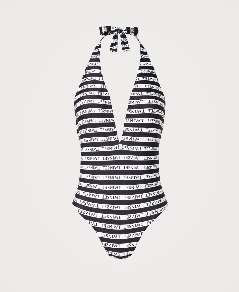 Striped One Piece Swimsuit With Logo Woman Black Twinset Milano
