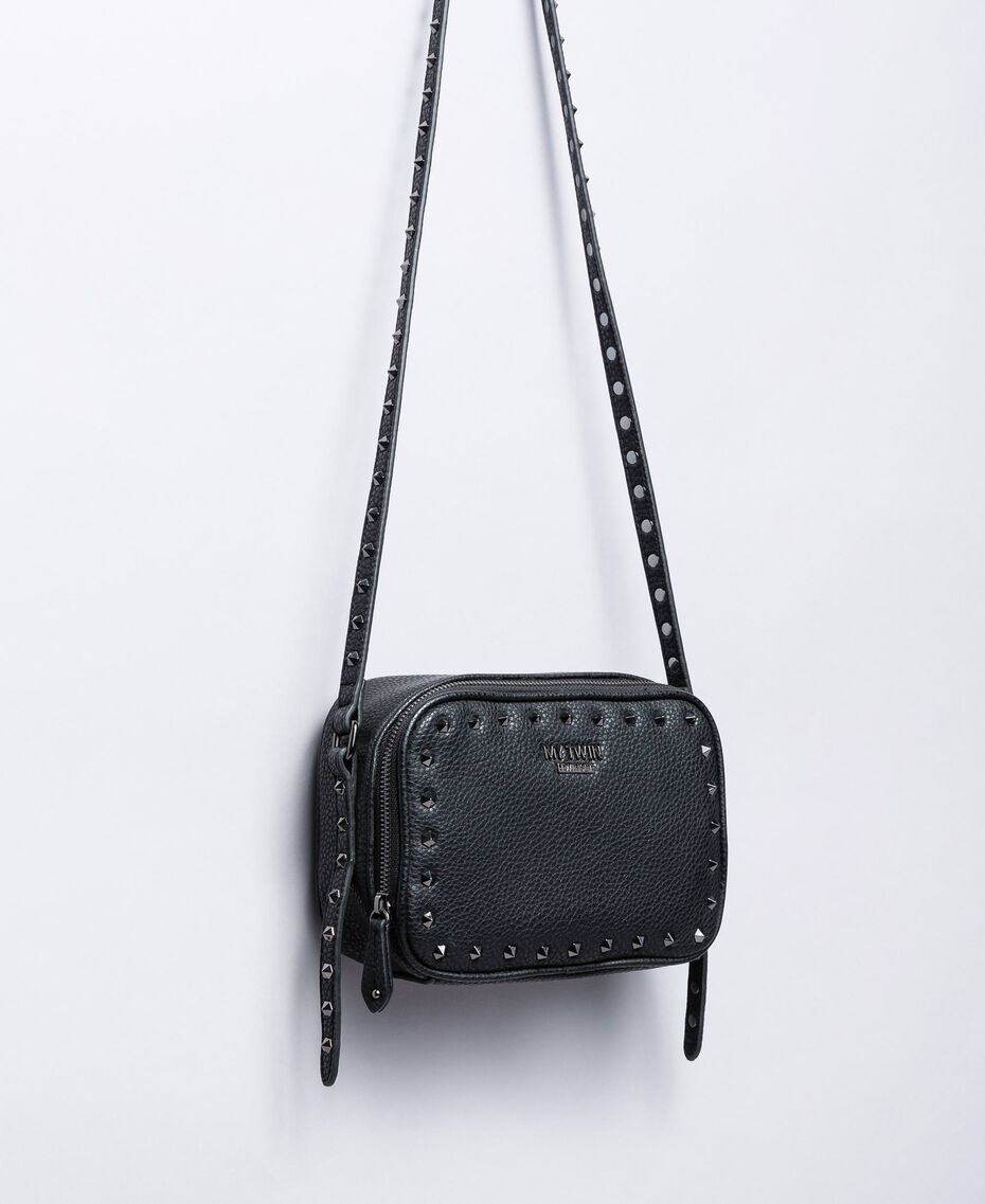 black leather studded shoulder bag