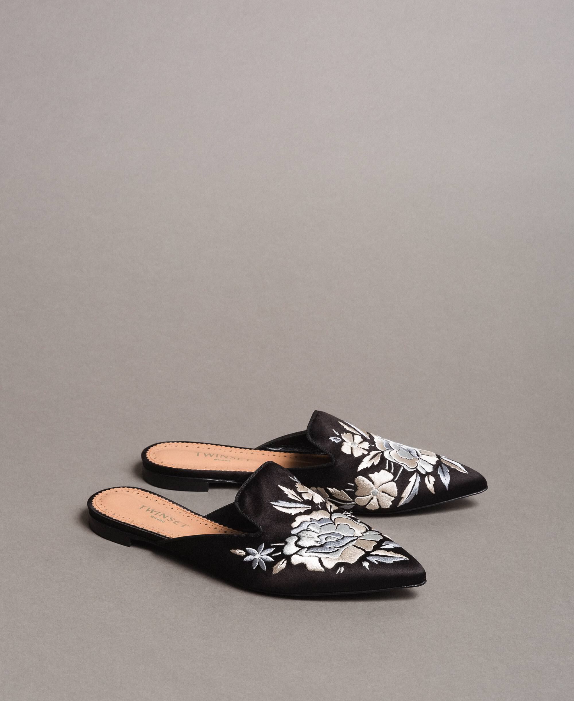 Embroidered satin mules
