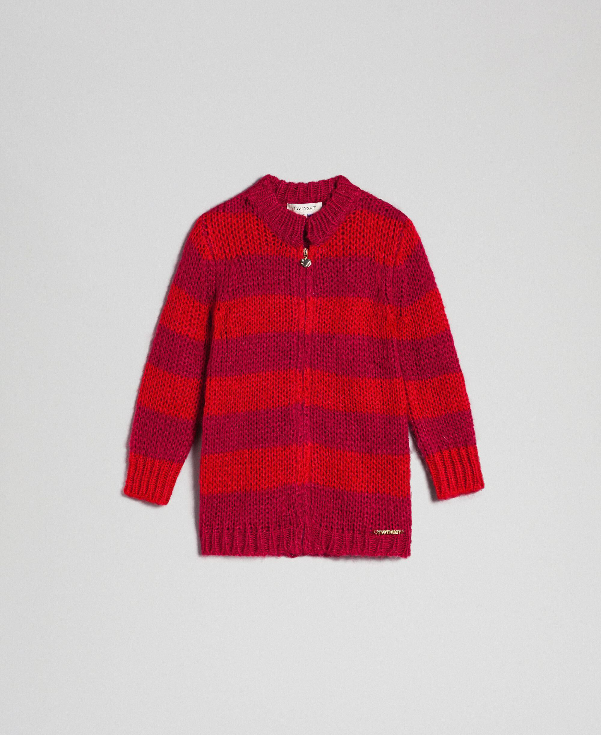 Two Tone Striped Mohair Cardigan Child Red Twinset Milano