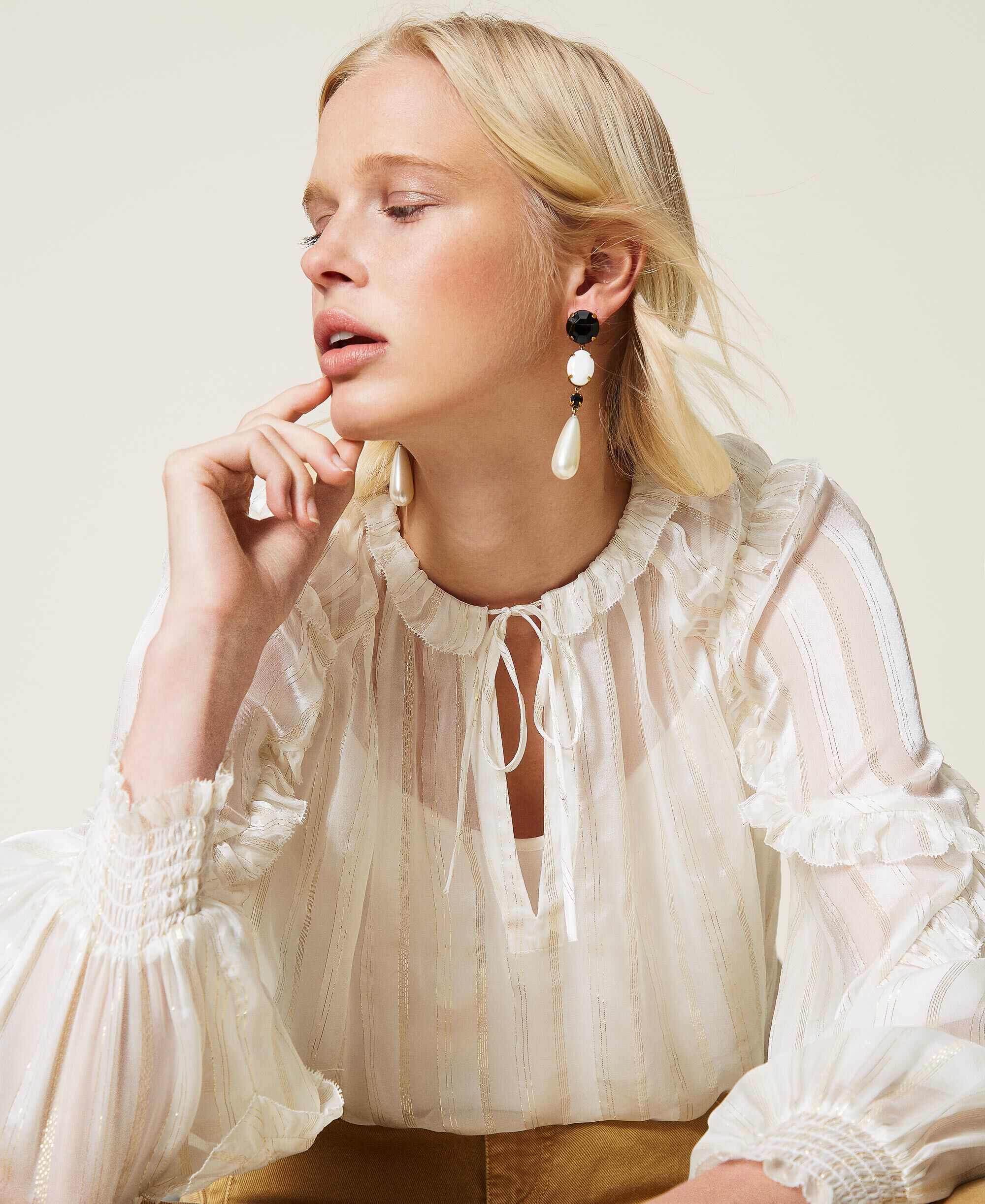 Jacquard silk chiffon blouse Woman, White | TWINSET Milano