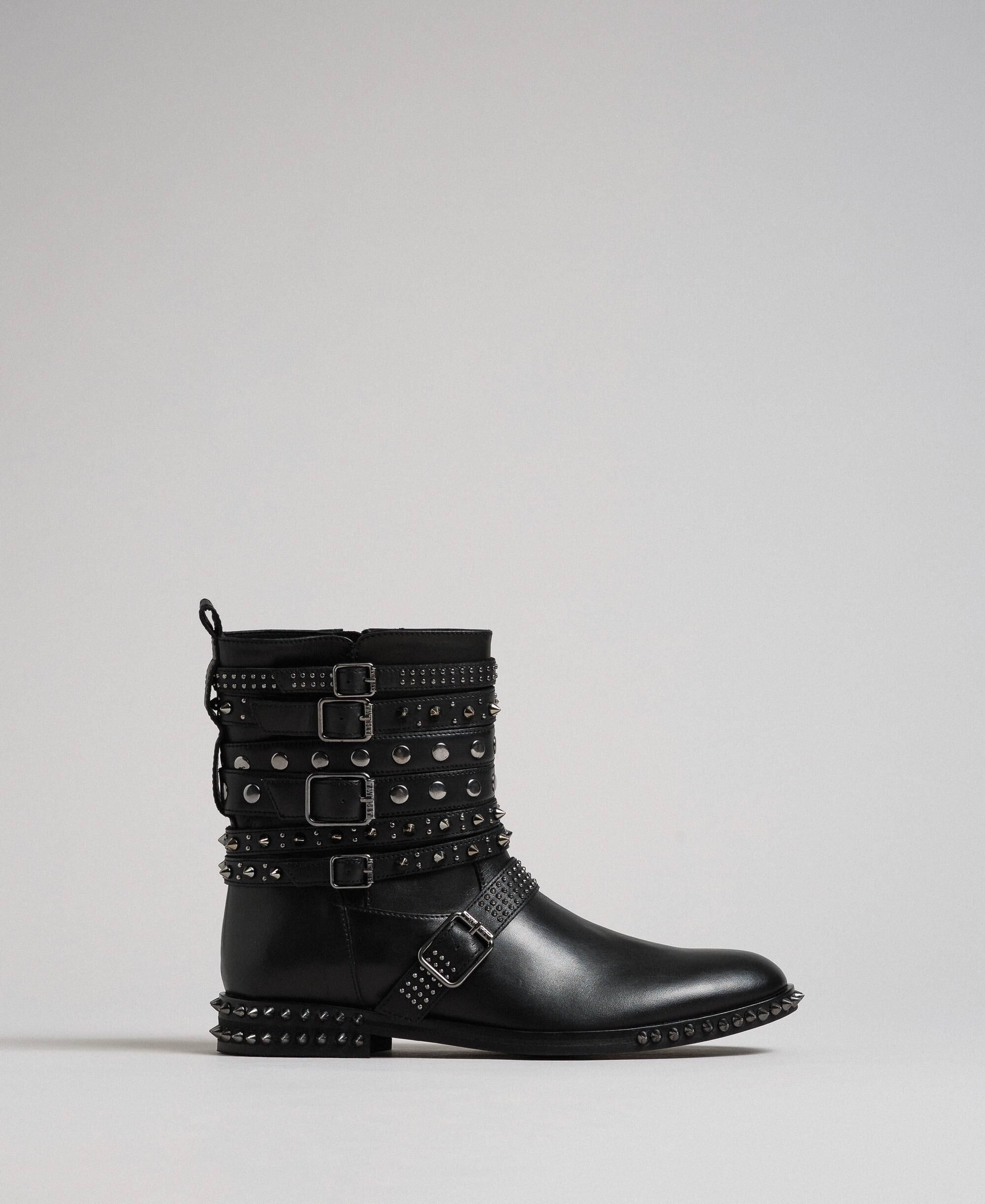Leather biker boots with straps and 