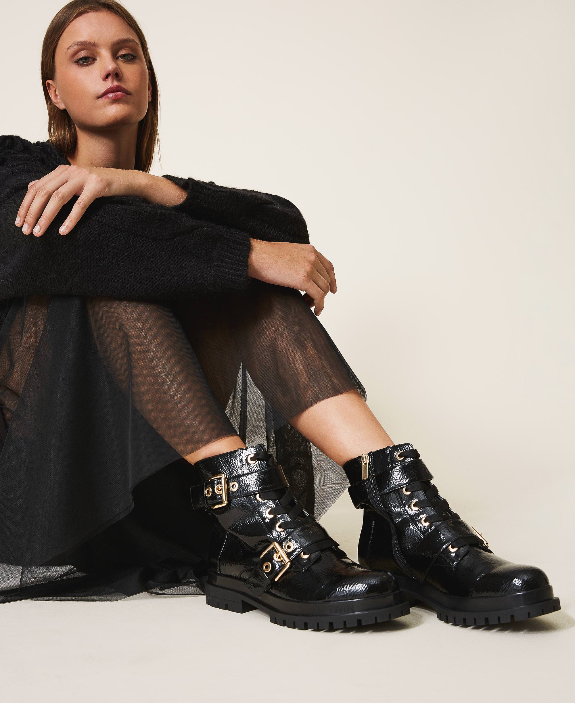 patent leather biker boots