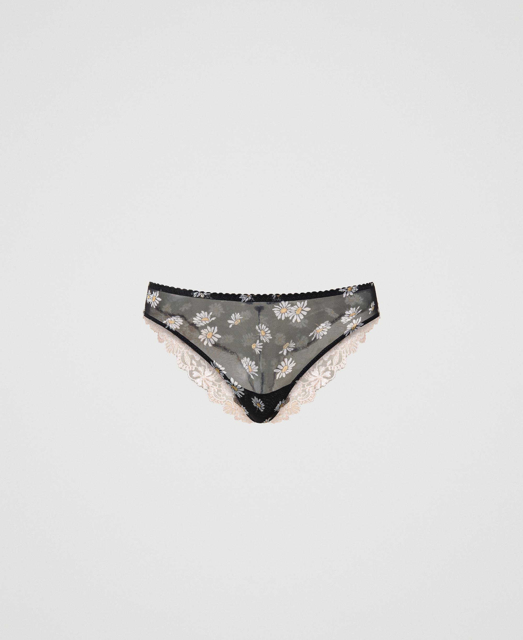 Tulle Brazilian Briefs With Daisy Print Woman Black Twinset Milano 1445