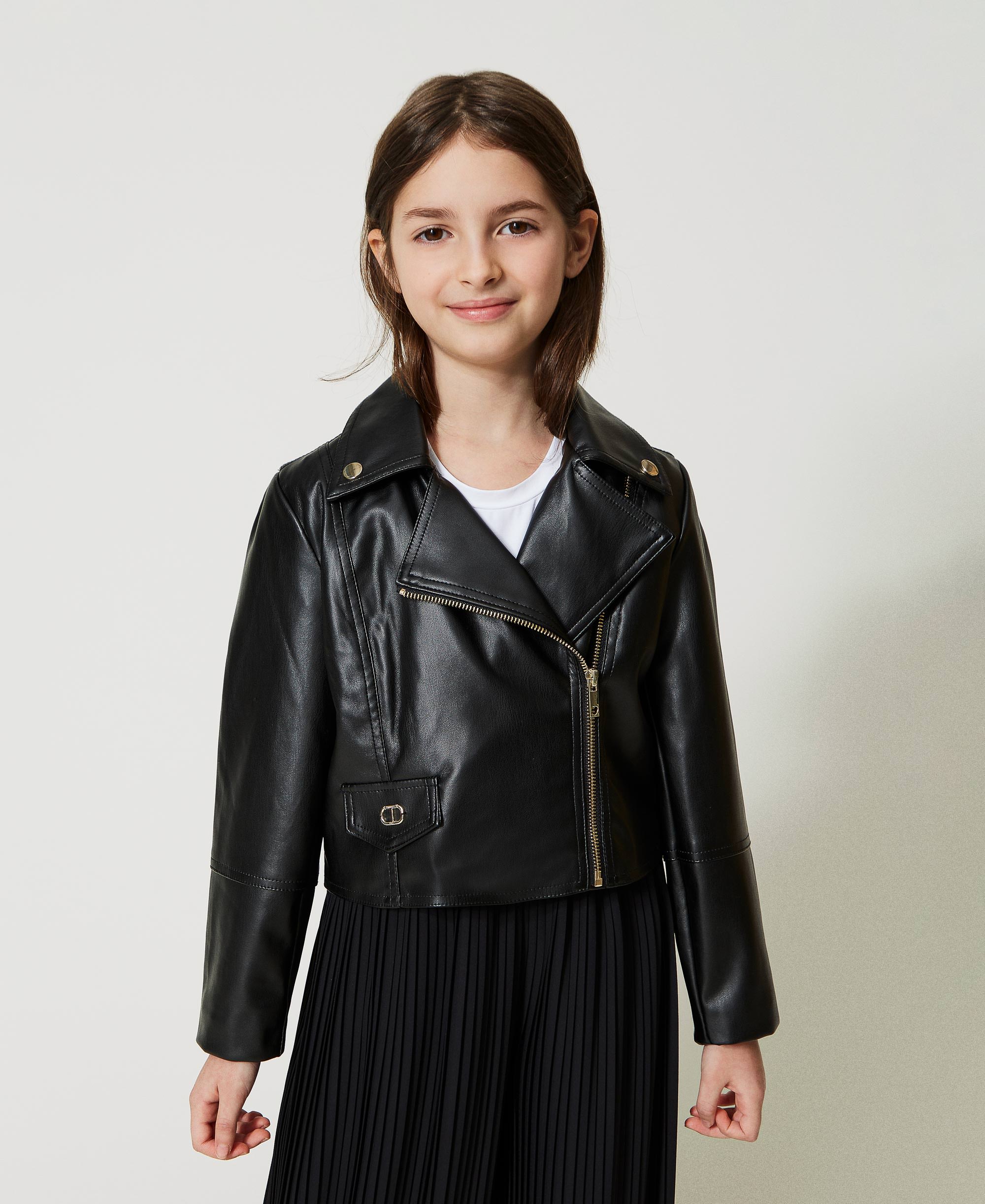 Leather-like biker jacket Child, Black | TWINSET Milano