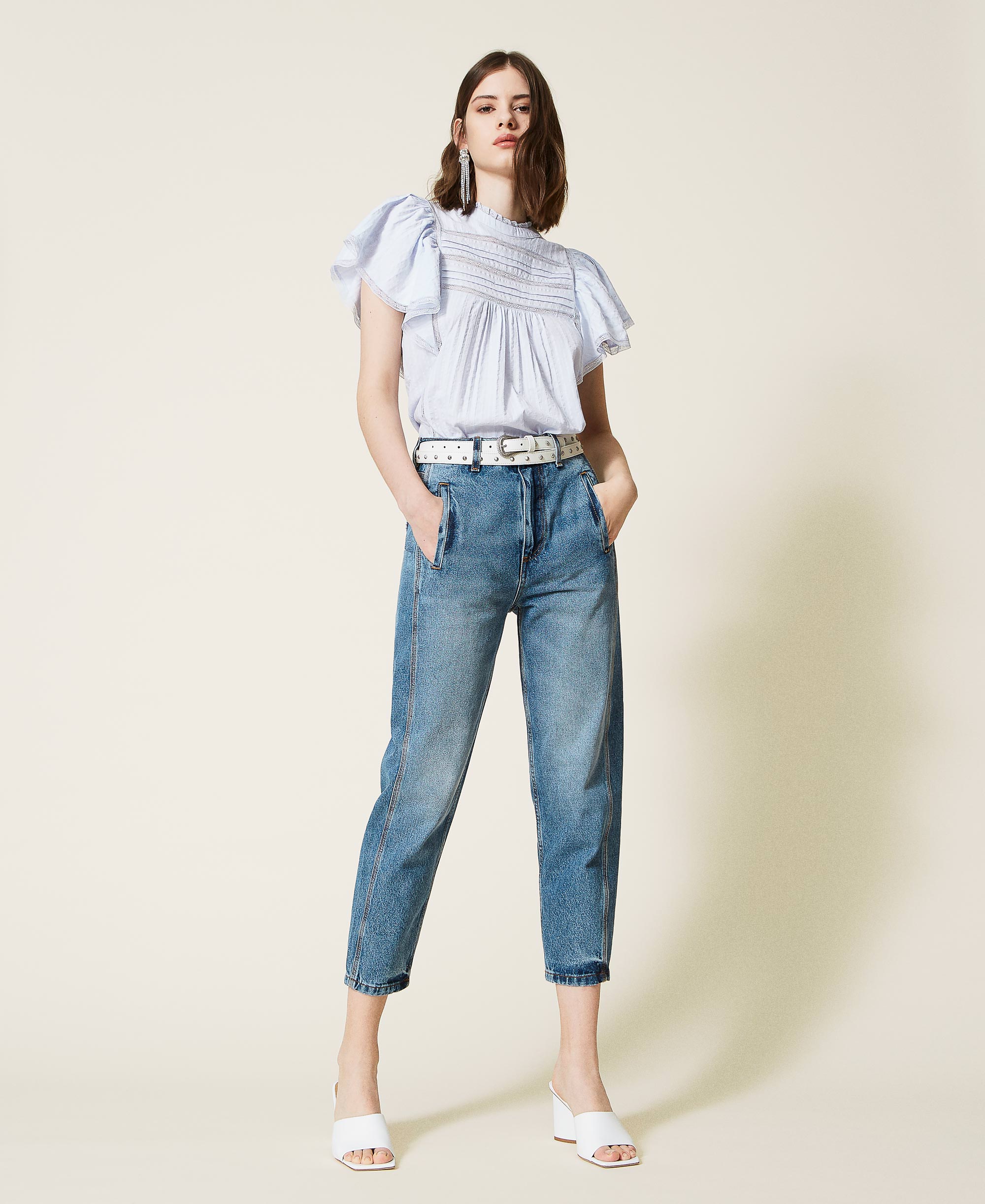 Muslin top with lace Woman, Light blue | TWINSET Milano