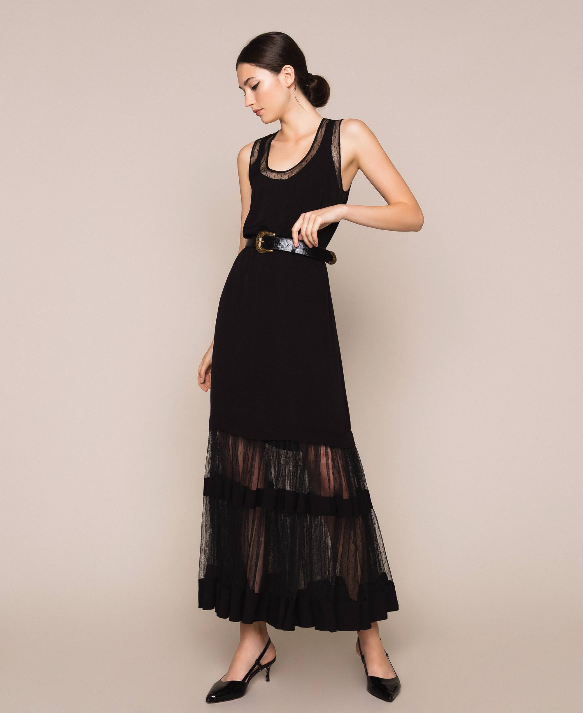 Robe longue en tulle plumetis Femme, Noir | TWINSET Milano