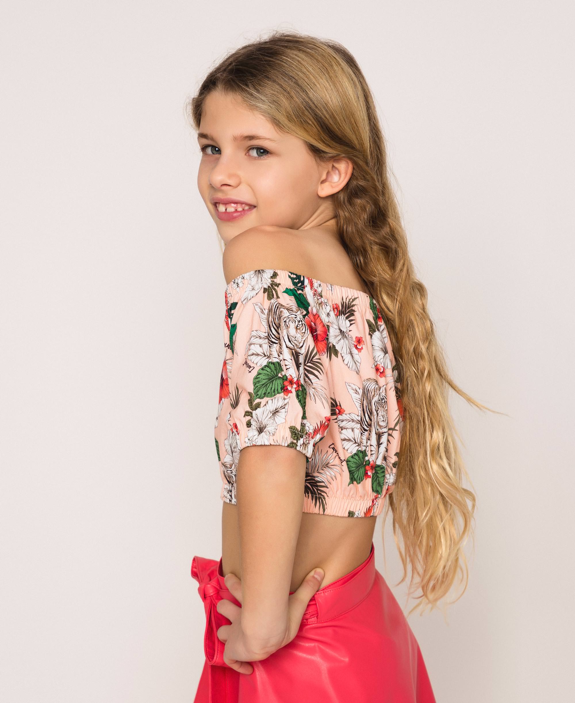 Printed poplin cropped top Child, Pink | TWINSET Milano