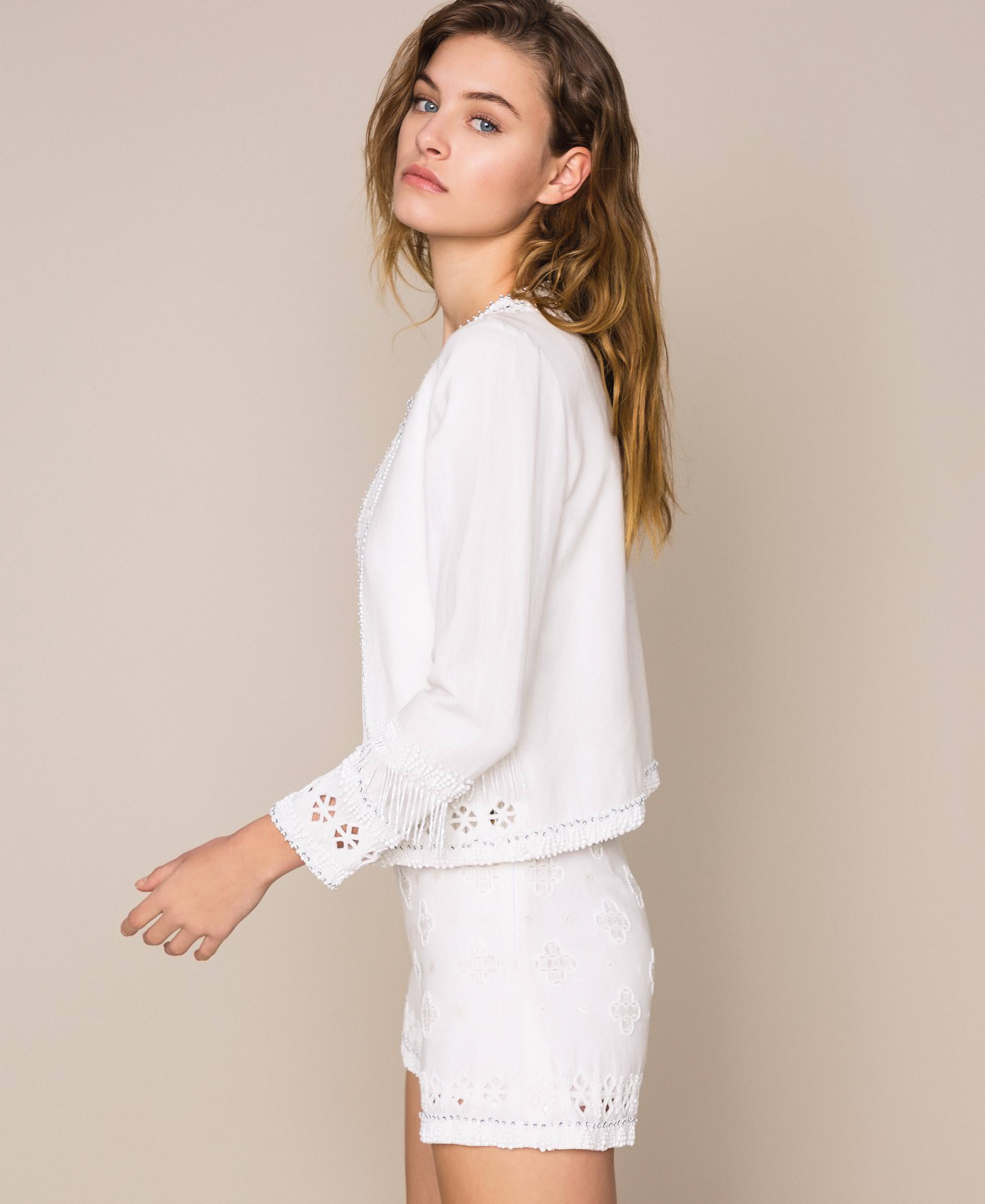 Veste sans col en lin mélangé brodé Femme, Blanc | TWINSET ...