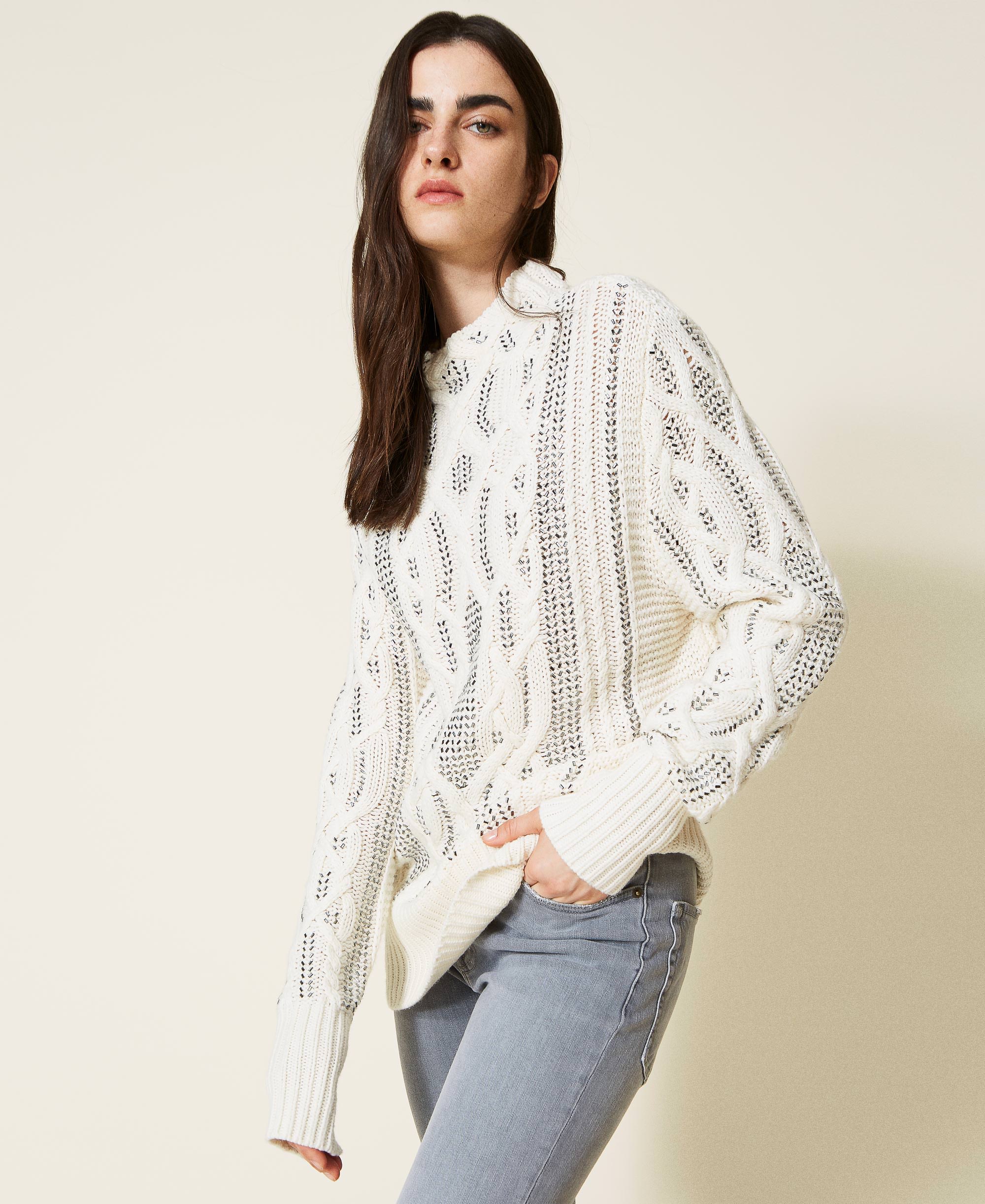 Wool blend maxi jumper with rhinestones Woman, White | TWINSET Milano