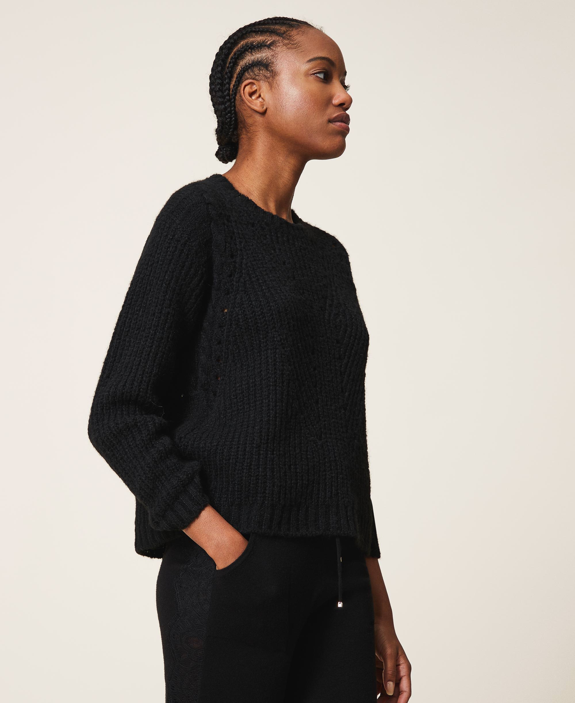 Mixed stitch work jumper Woman, Black | TWINSET Milano