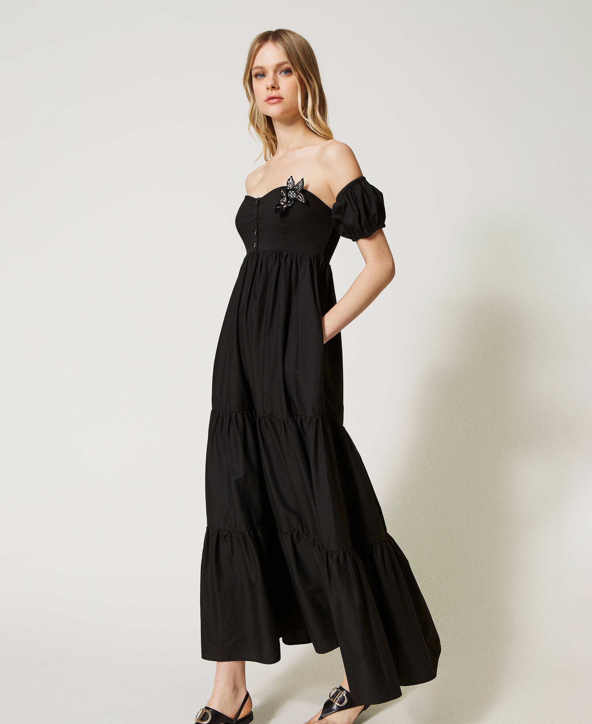 Long Poplin Dress With Bustier Woman, Black 