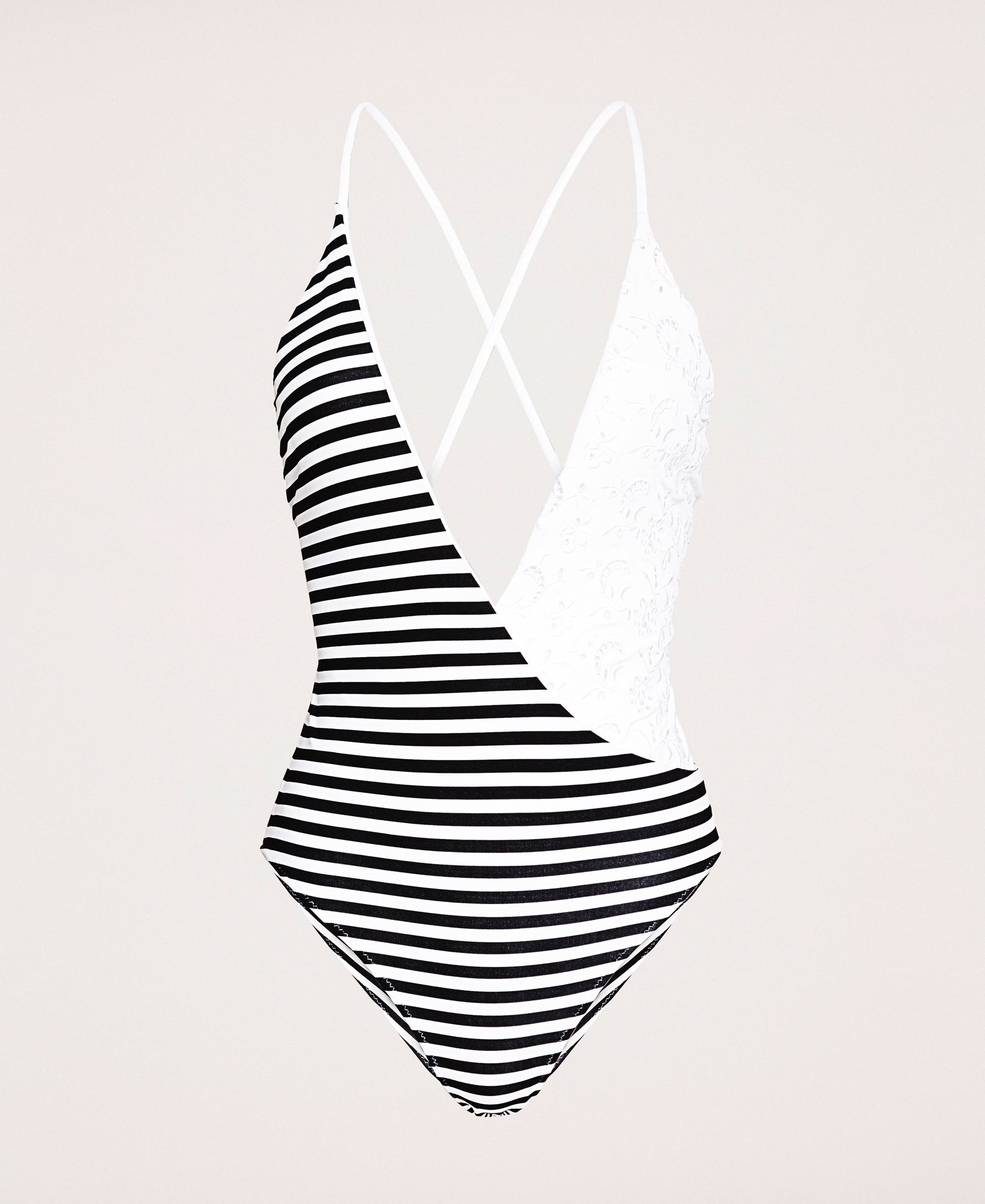 black and white striped one piece swimsuit
