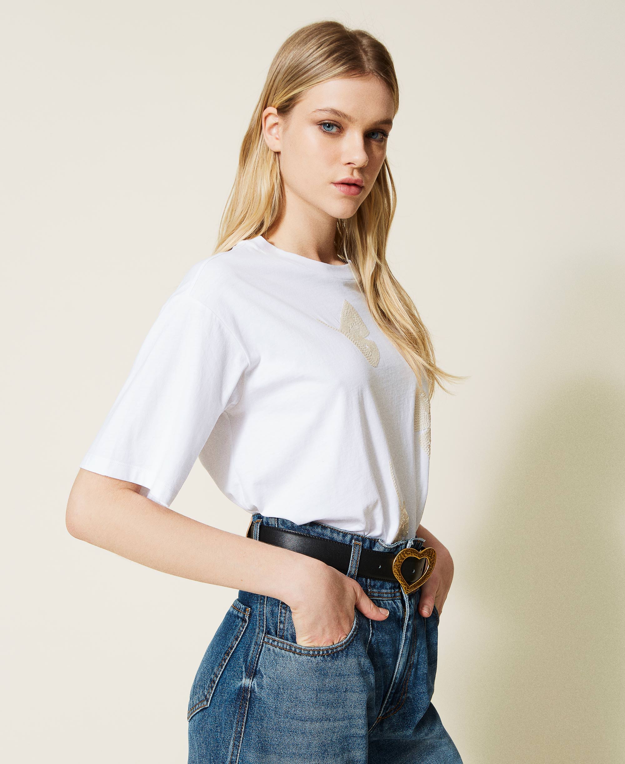 T-shirt with sequin embroidery Woman, White | TWINSET Milano