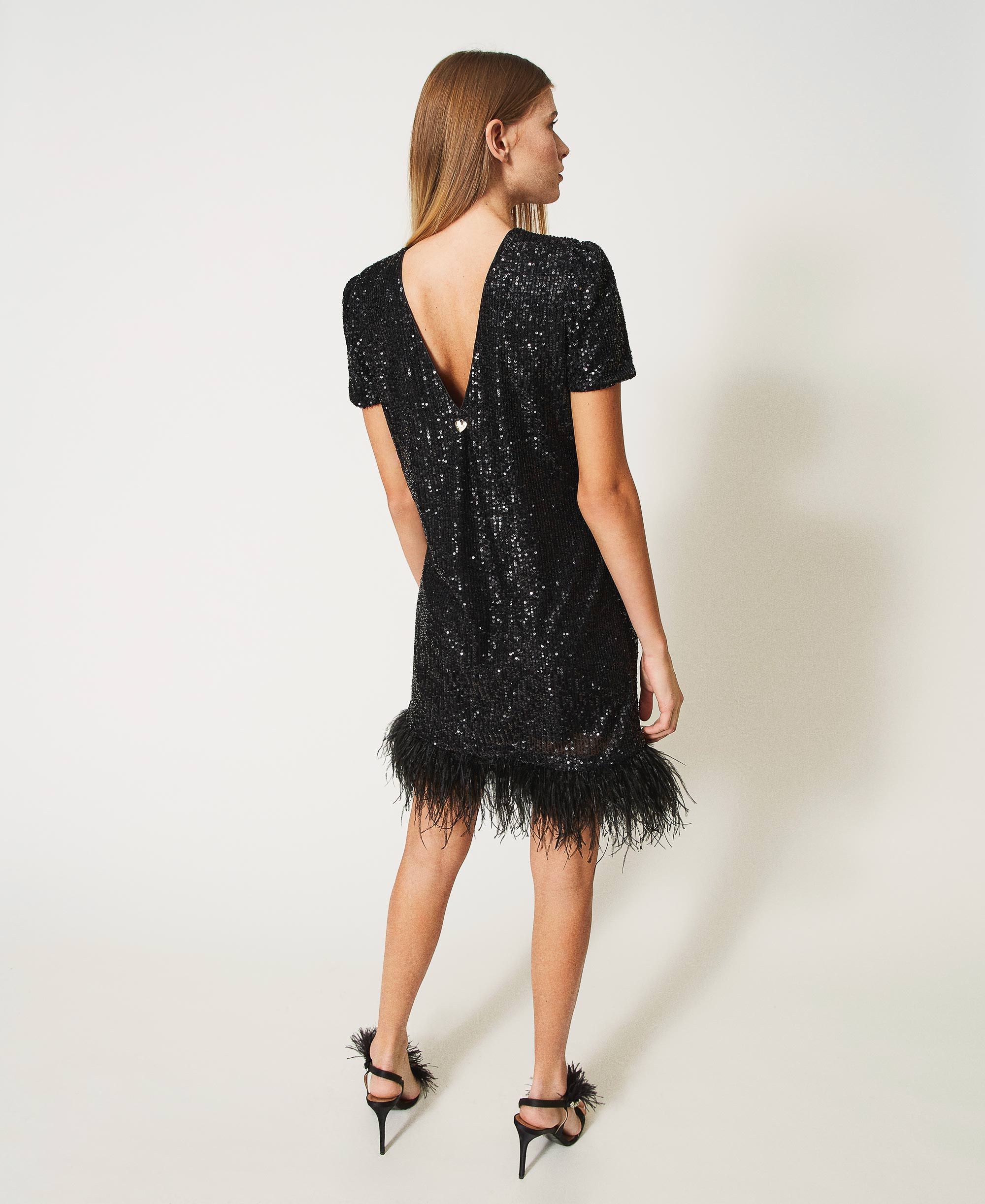 Full sequin dress with feathers Woman, Black | TWINSET Milano
