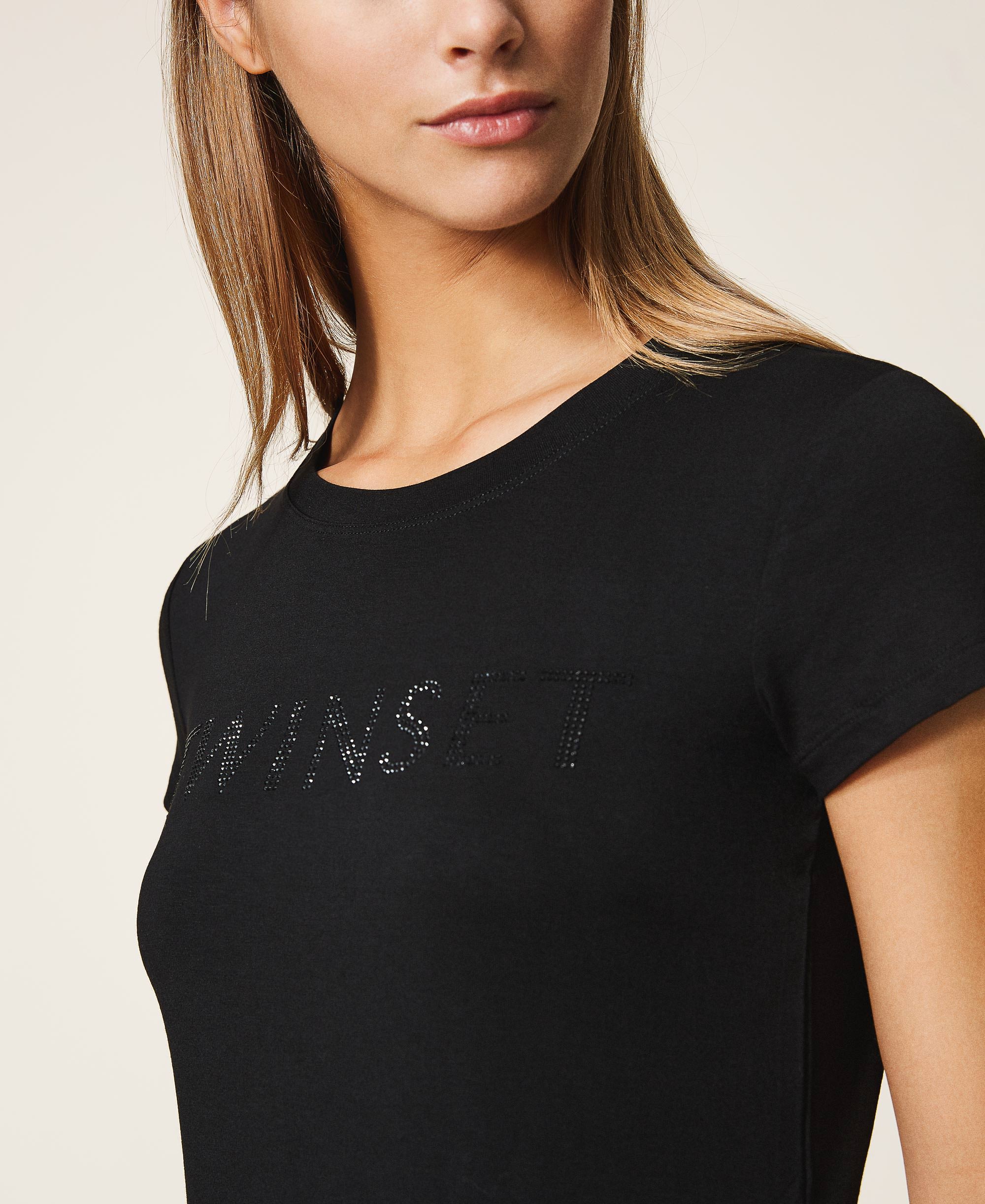 T-shirt with rhinestone logo Woman, Black | TWINSET Milano