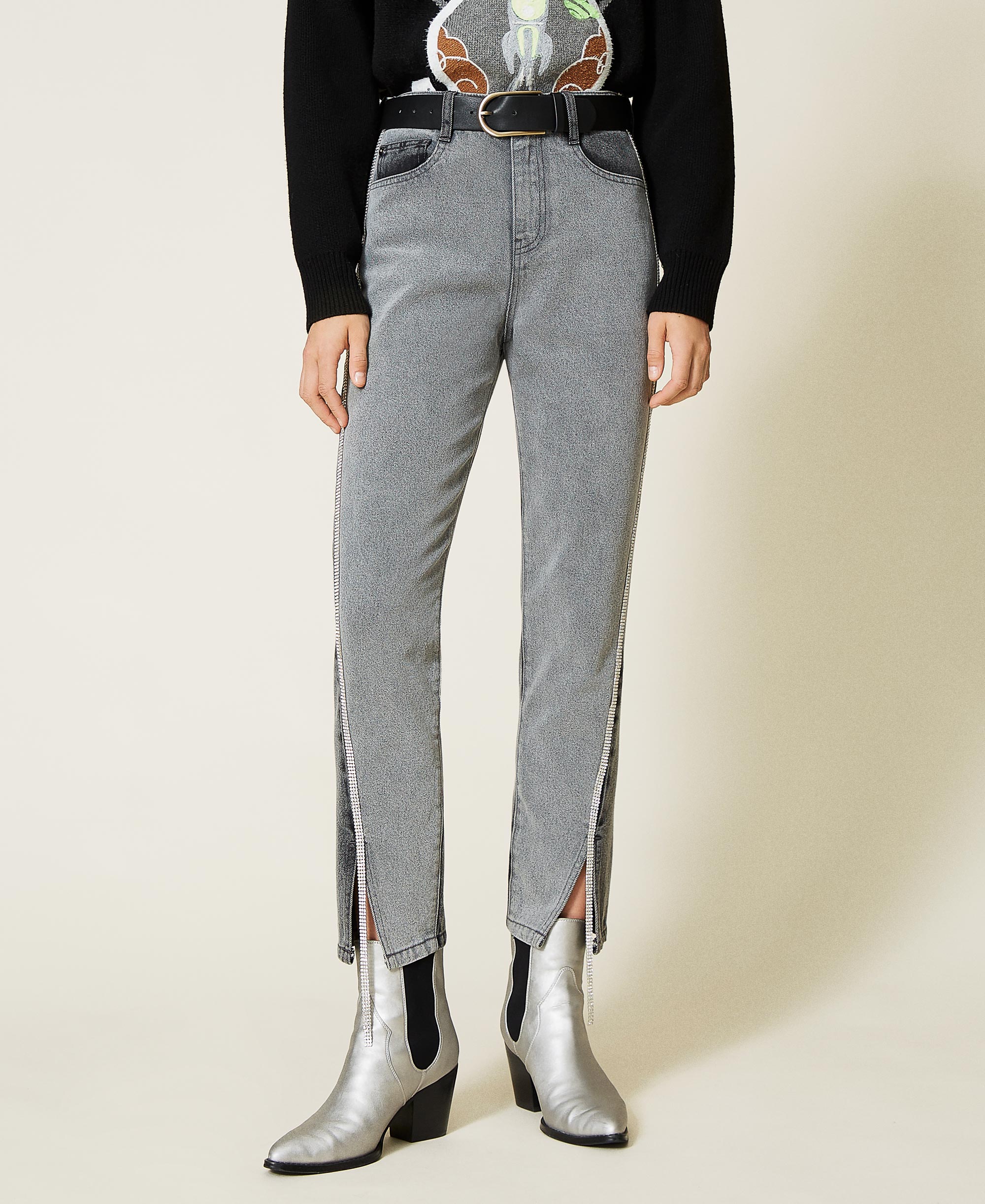 ‘Diamond’ jeans with rhinestones Woman, Grey TWINSET Milano