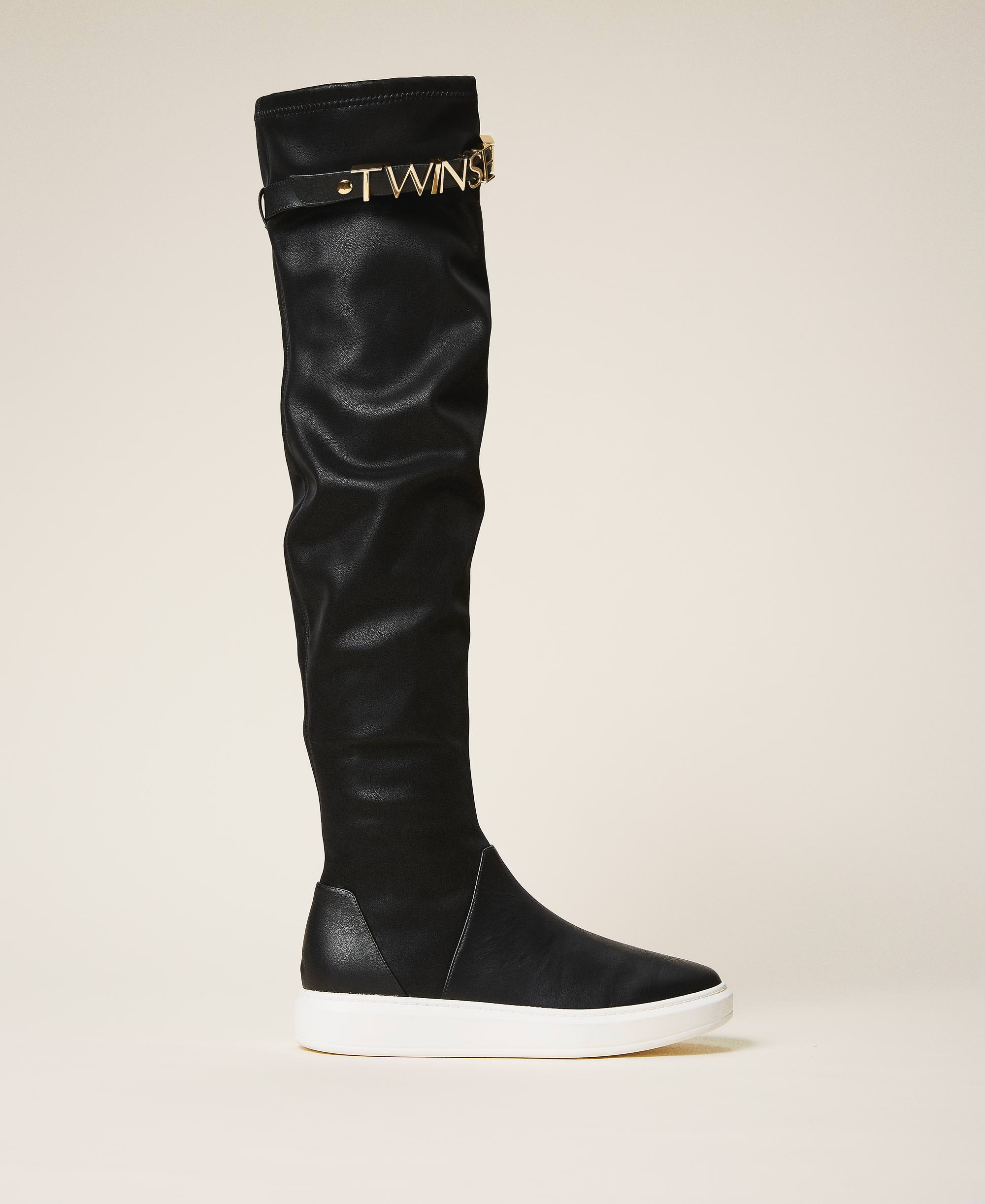 black leather trainer boots