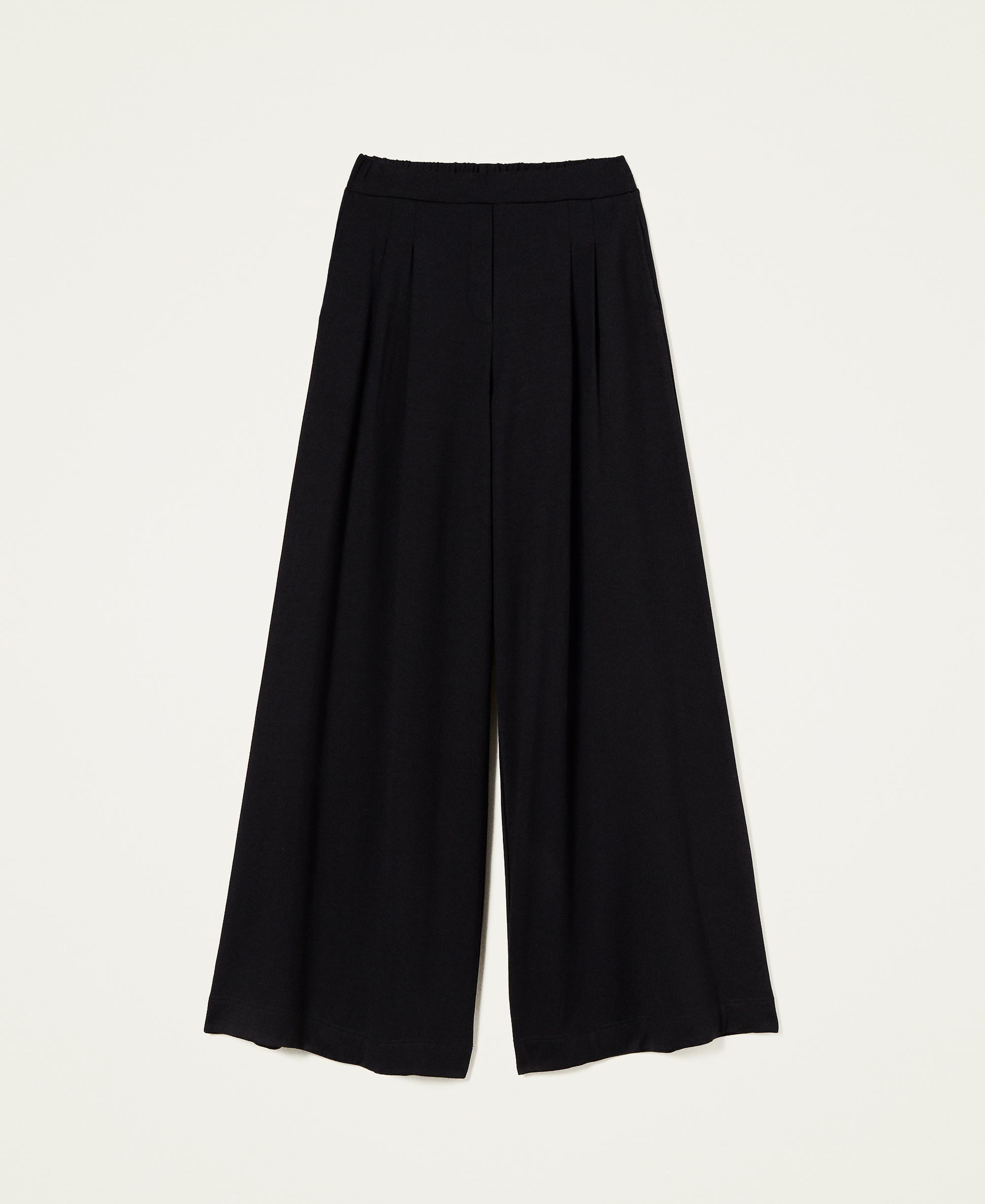 Plush fabric palazzo trousers with pleats Woman, Black | TWINSET Milano