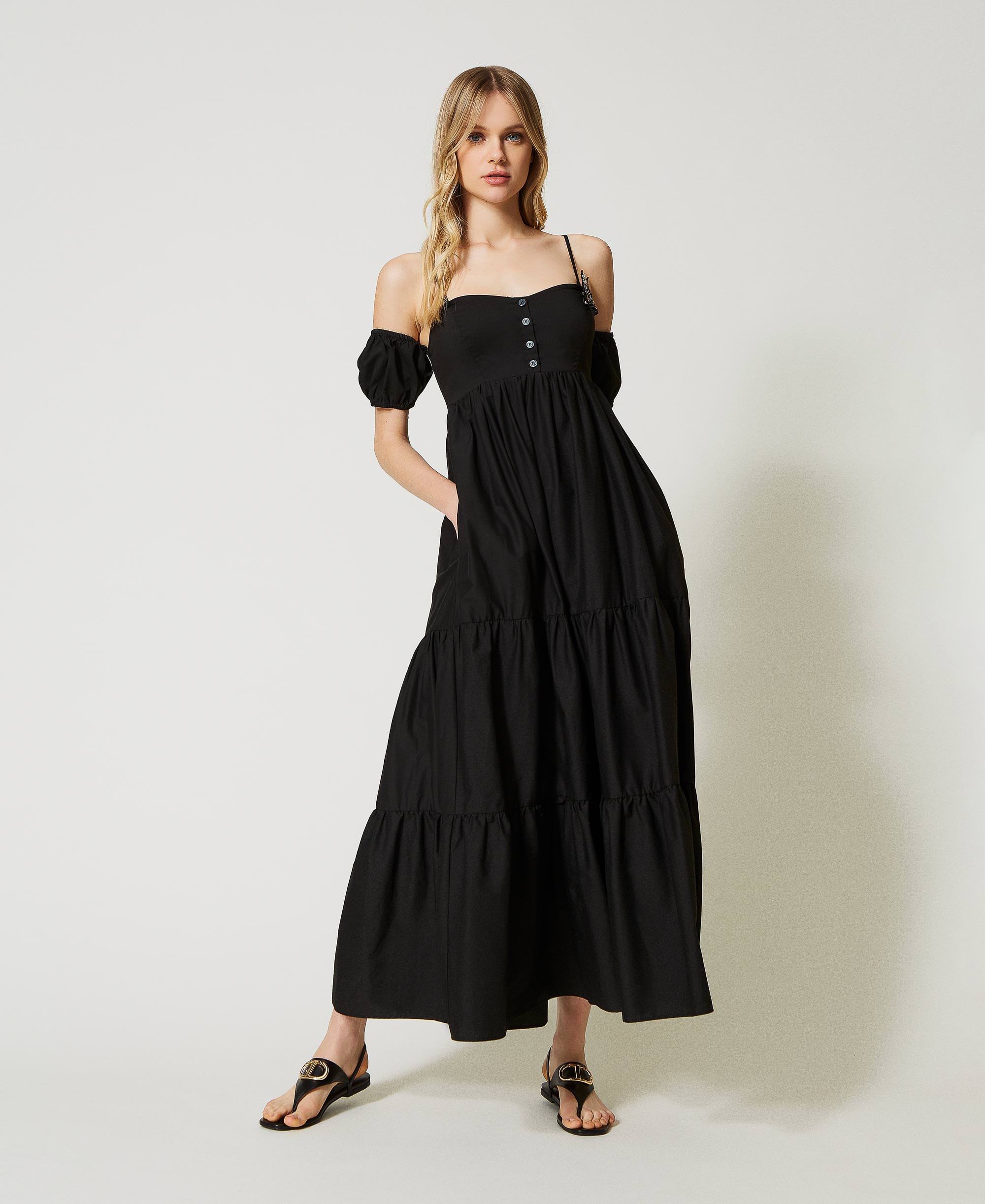 Long poplin dress with bustier Woman, Black | TWINSET Milano