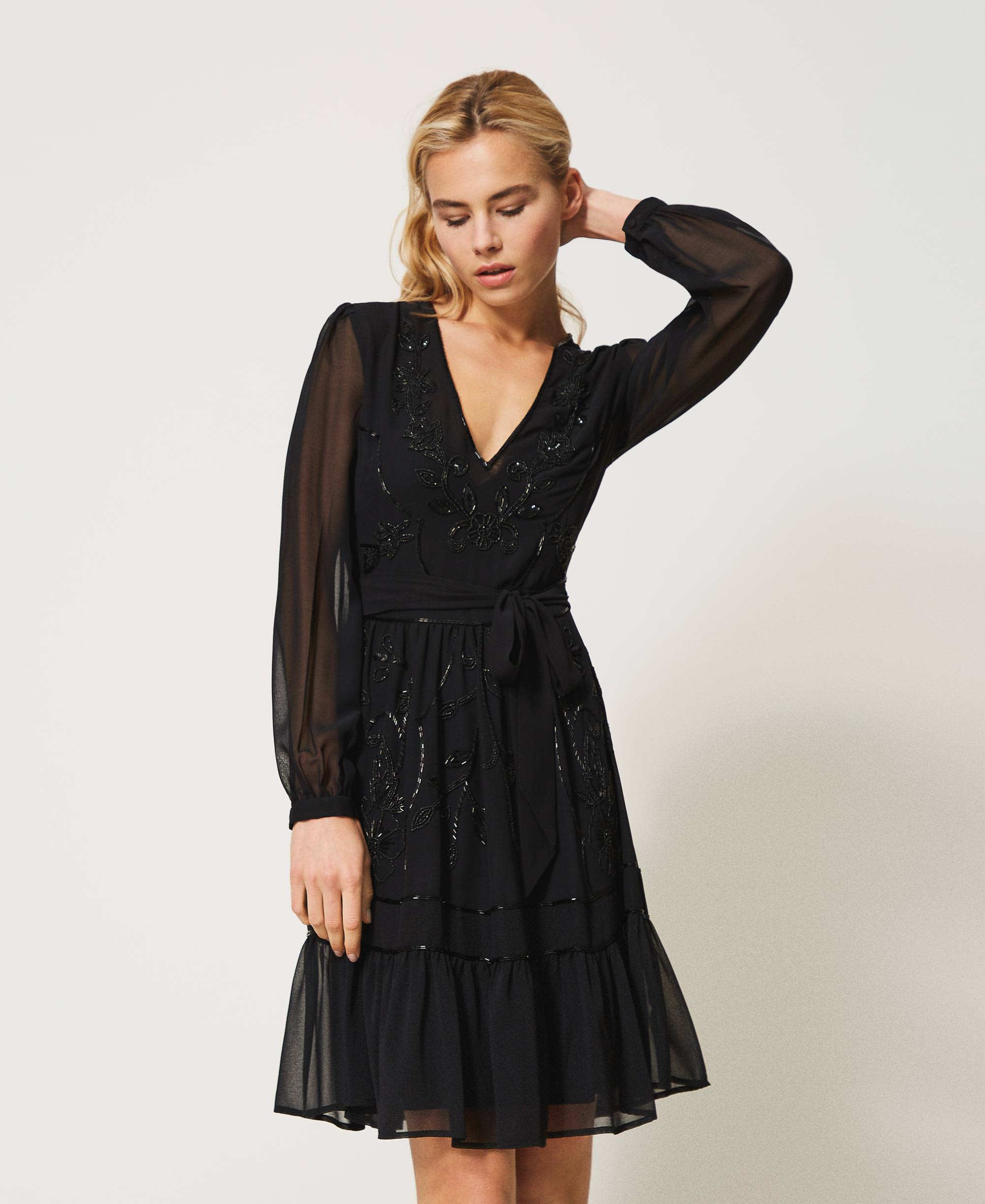 Georgette dress with embroidery Woman, Black | TWINSET Milano