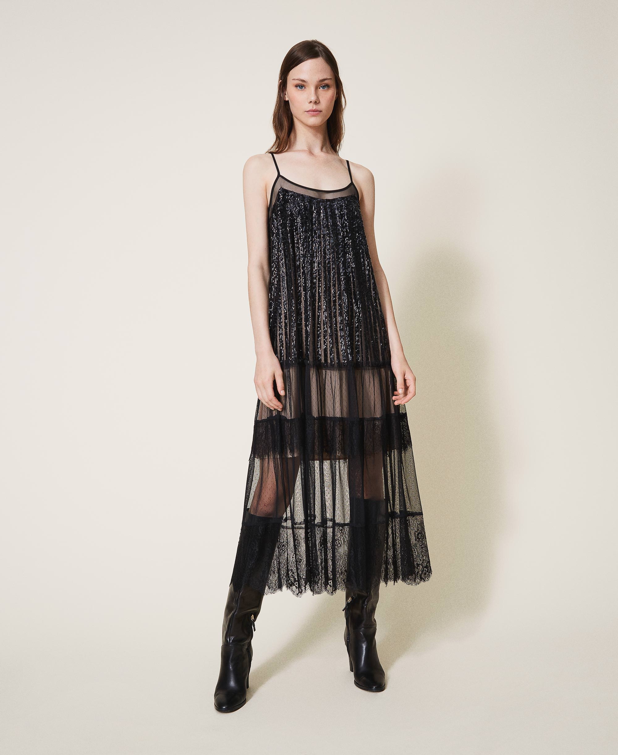 Full Length Tulle And Lace Dress With Sequins Woman Black Twinset Milano 0367