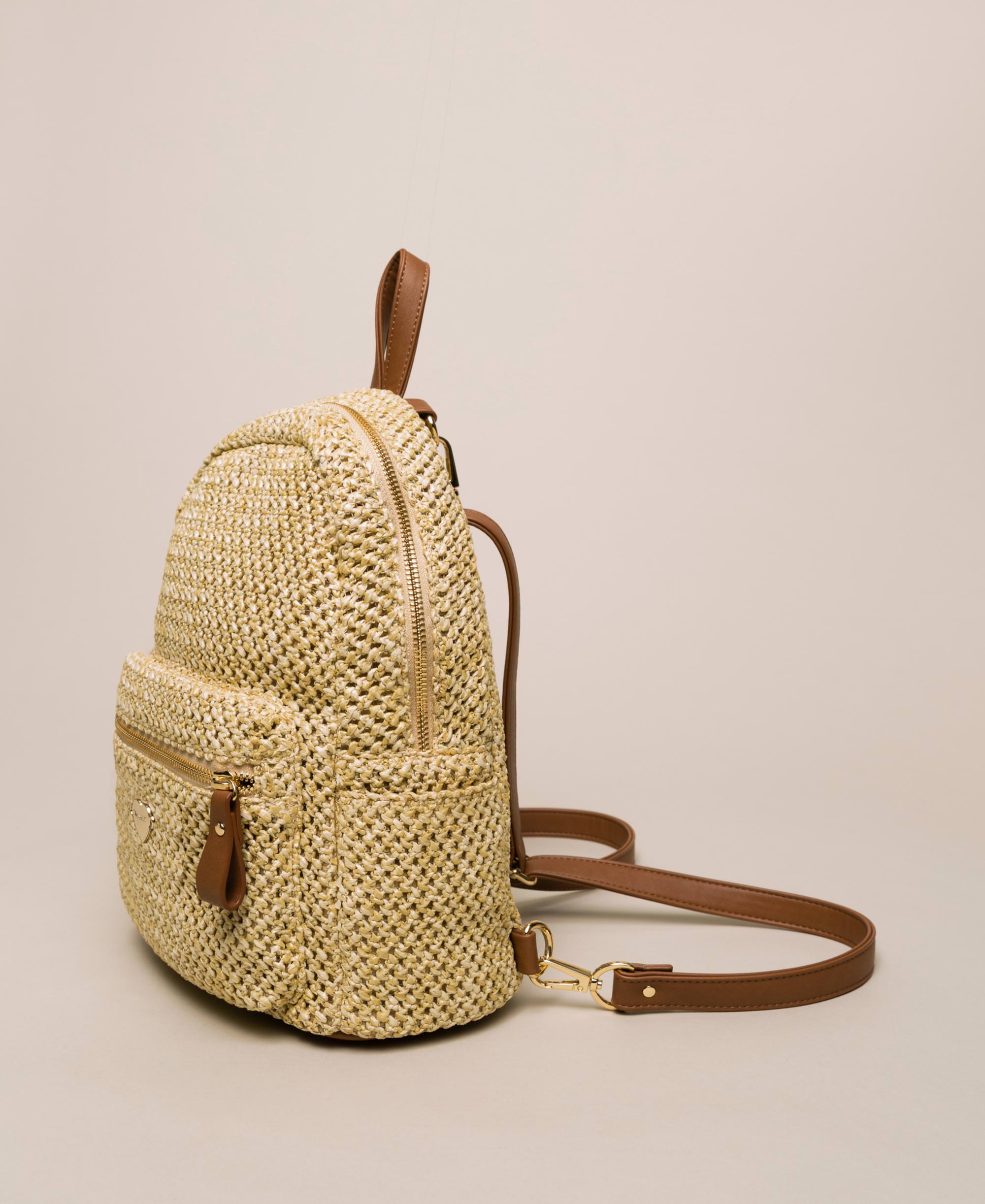 Raffia and faux leather backpack Woman, White | TWINSET Milano