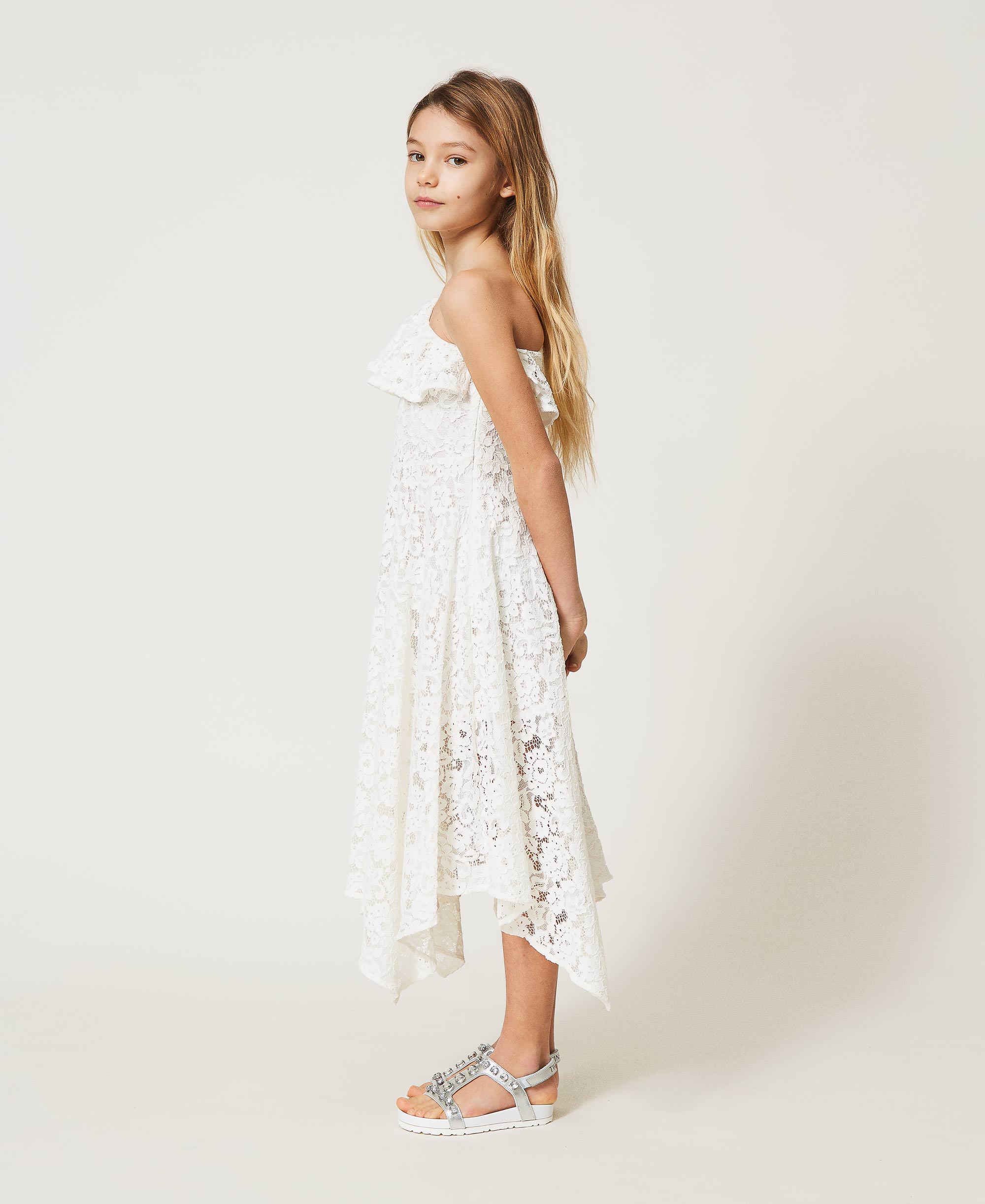 Abito lungo monospalla in pizzo Bambina, Bianco | TWINSET Milano