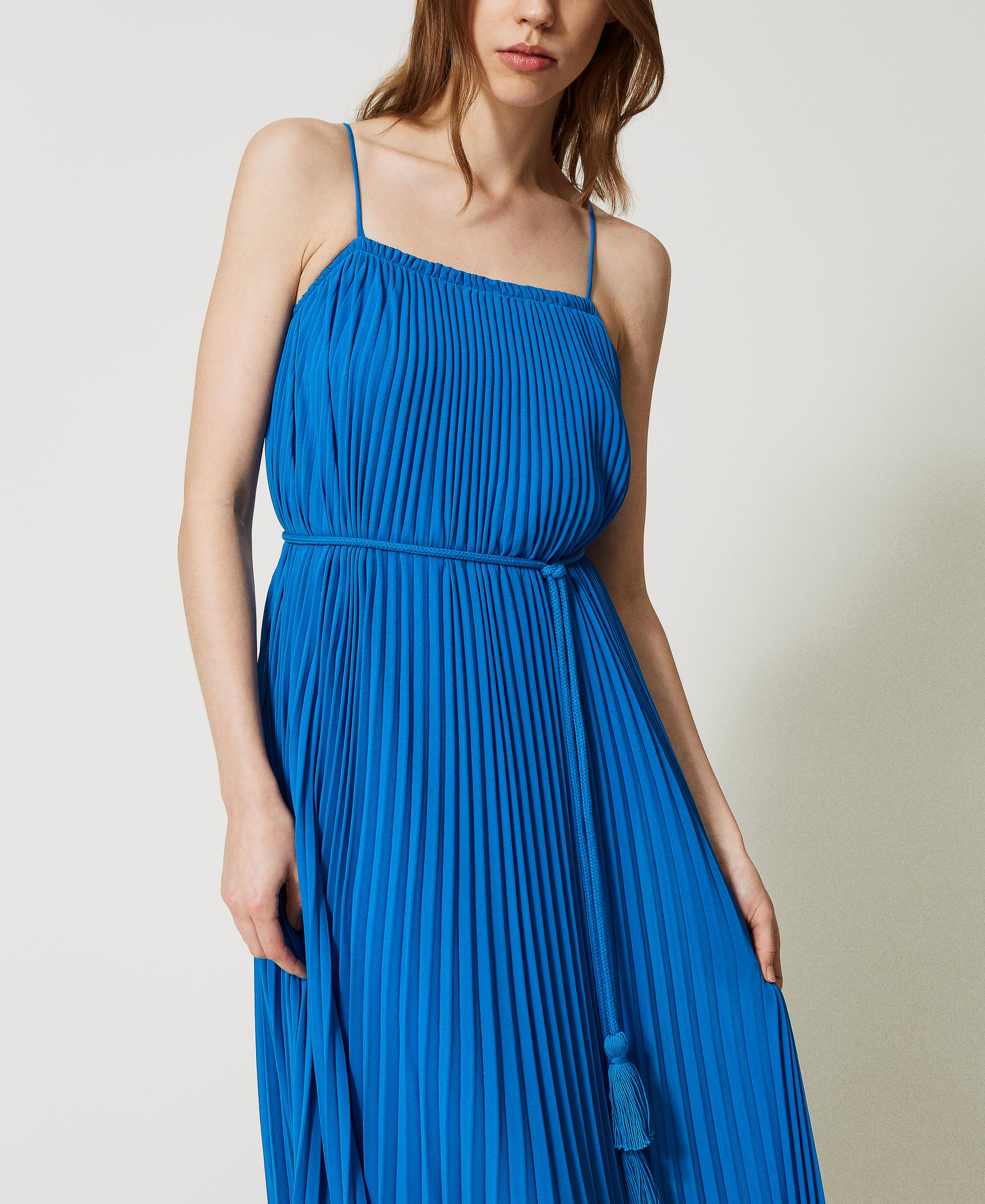 Pleated long dress with belt Woman, Blue TWINSET Milano