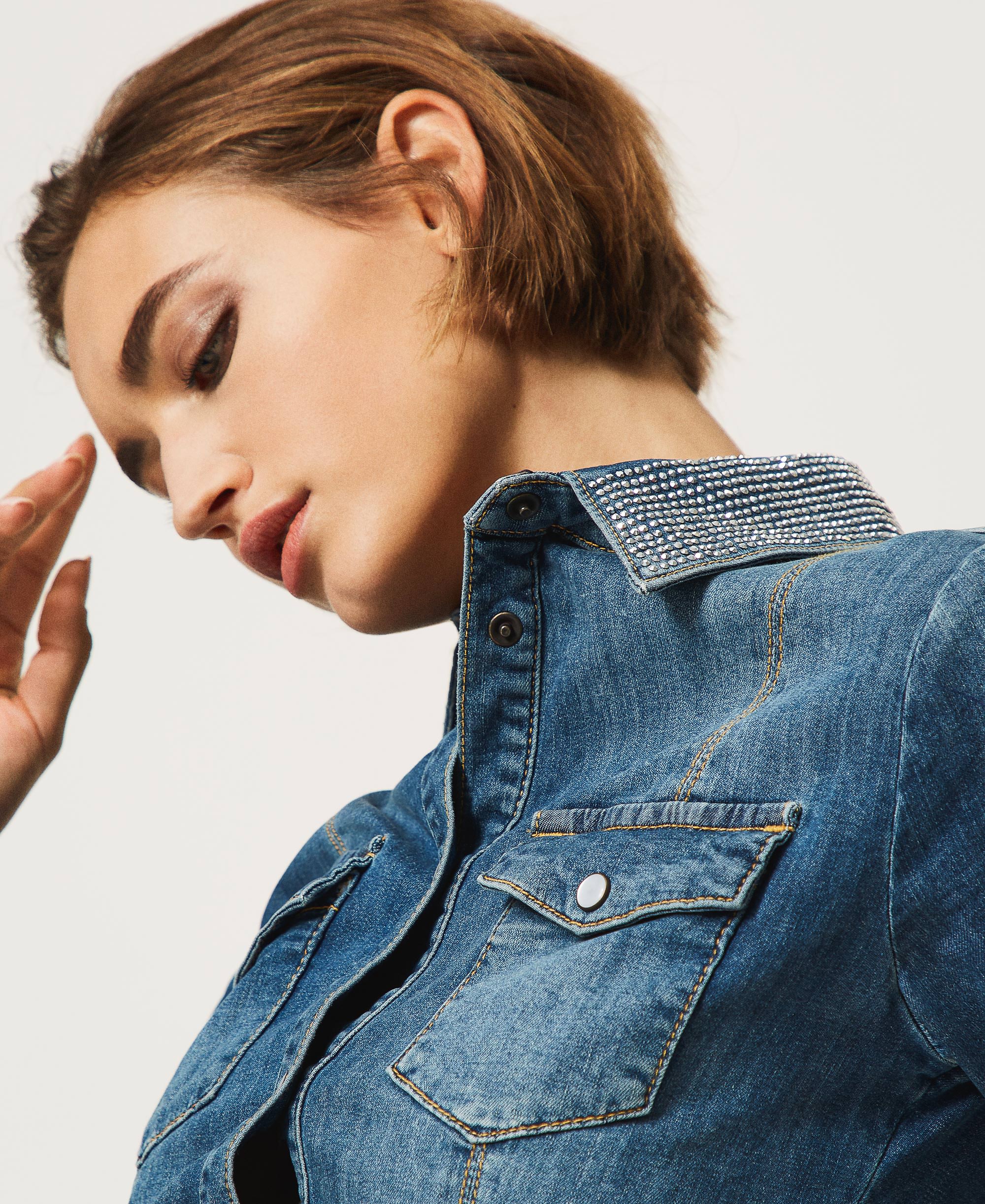 Robe chemisier en jean avec clous Femme, Bleu | TWINSET Milano