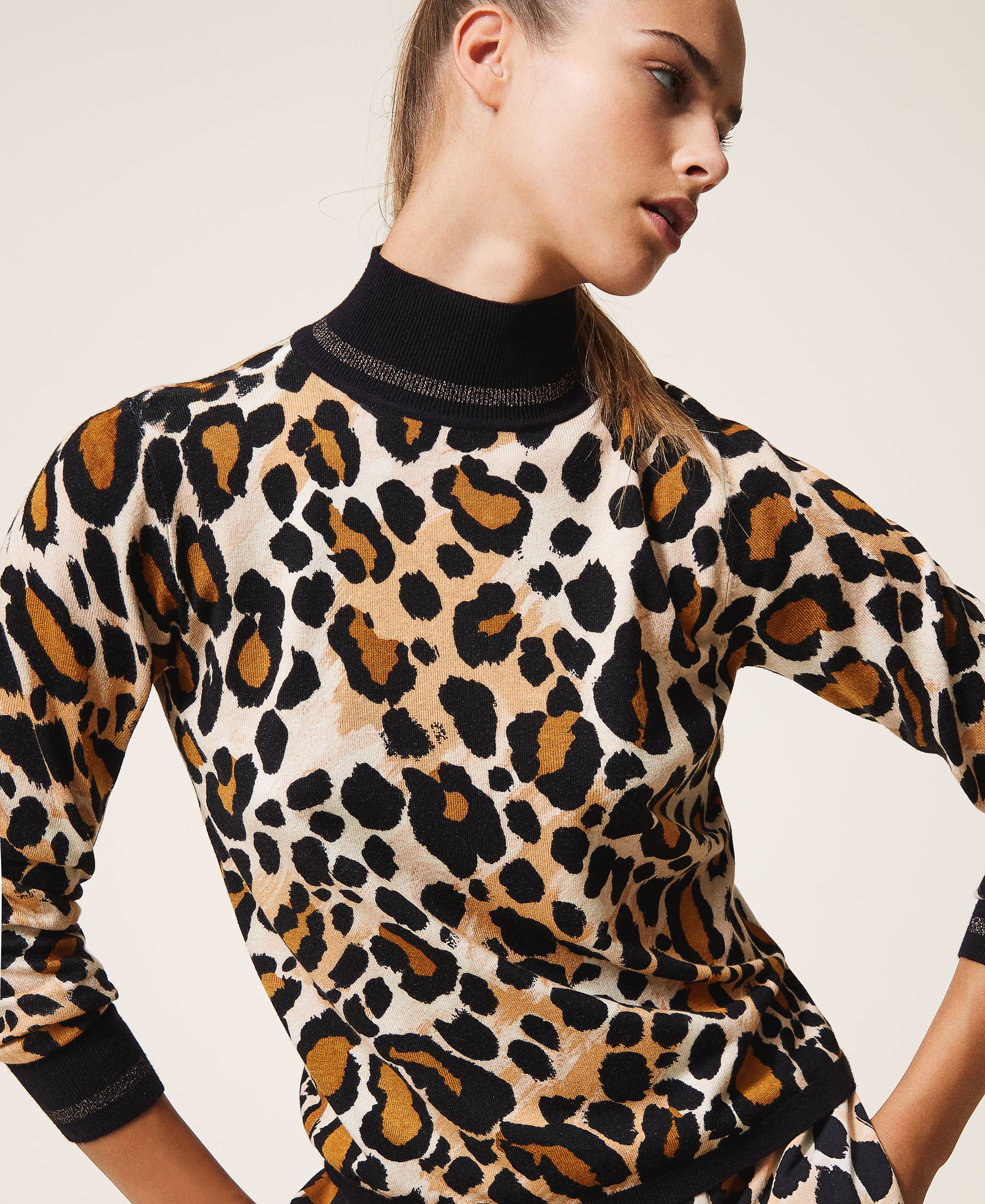 leopard print polo neck jumper