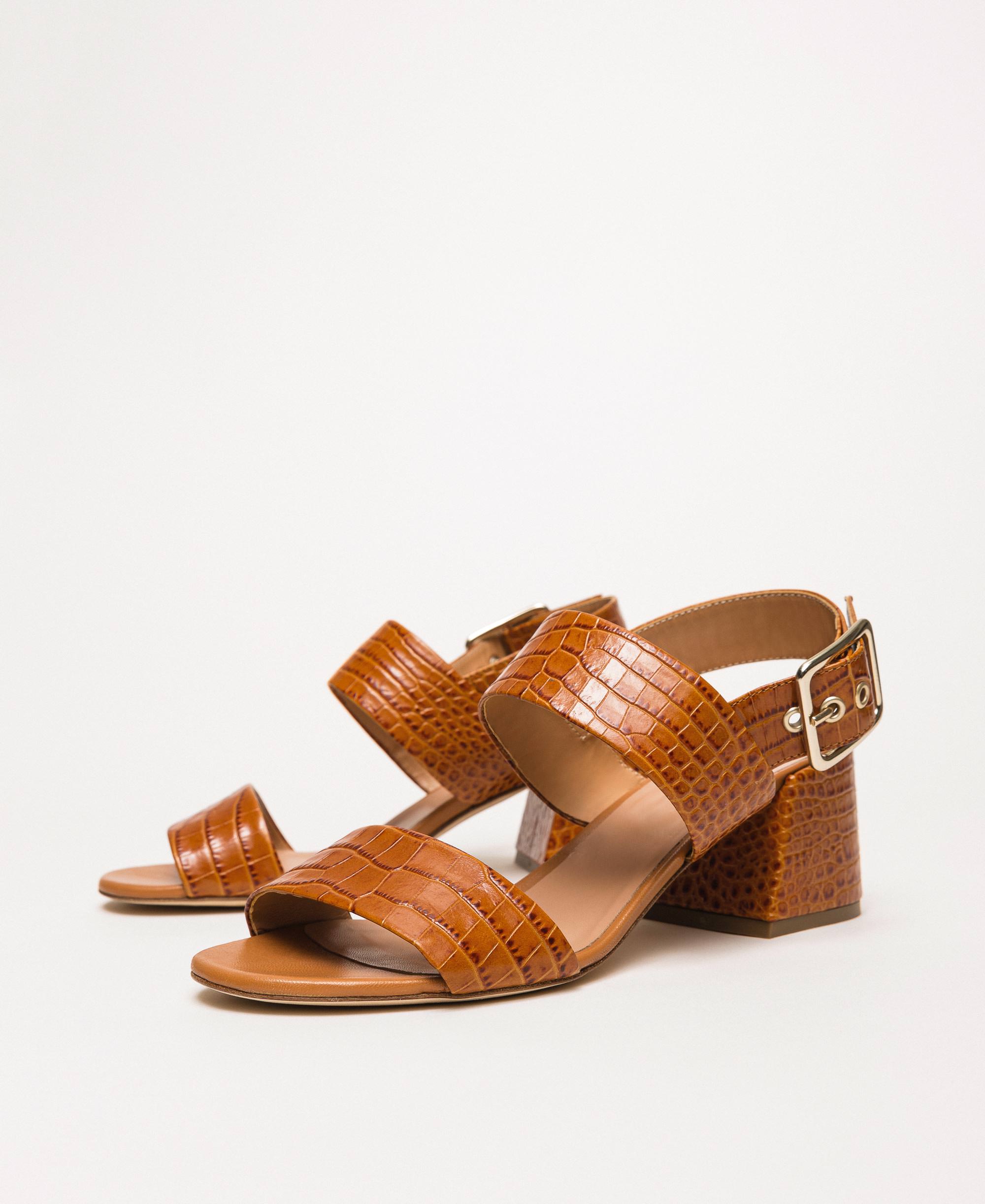 Leather sandals with croc print Woman, Brown TWINSET Milano