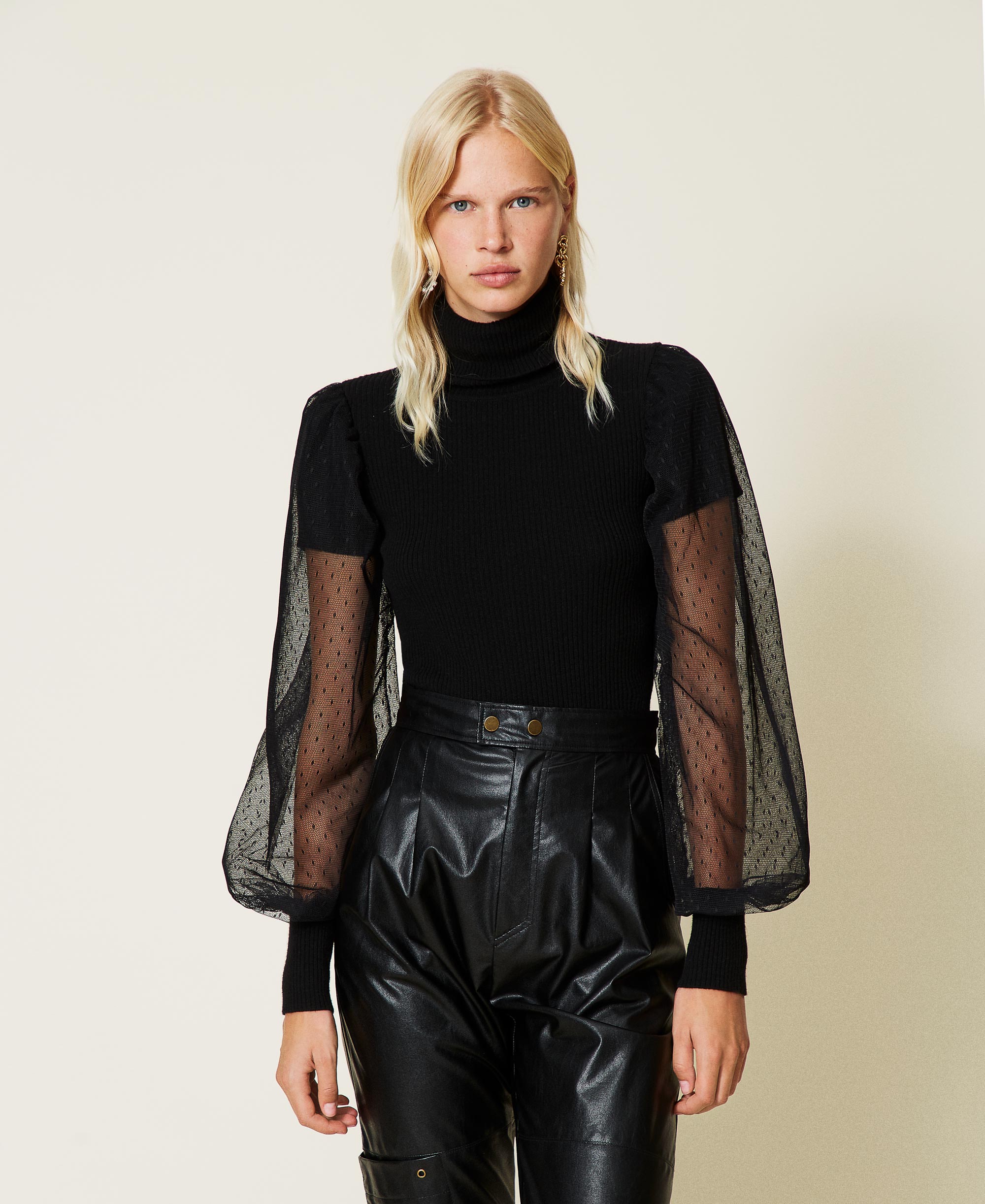 Turtleneck jumper with tulle sleeves Woman, Black | TWINSET Milano