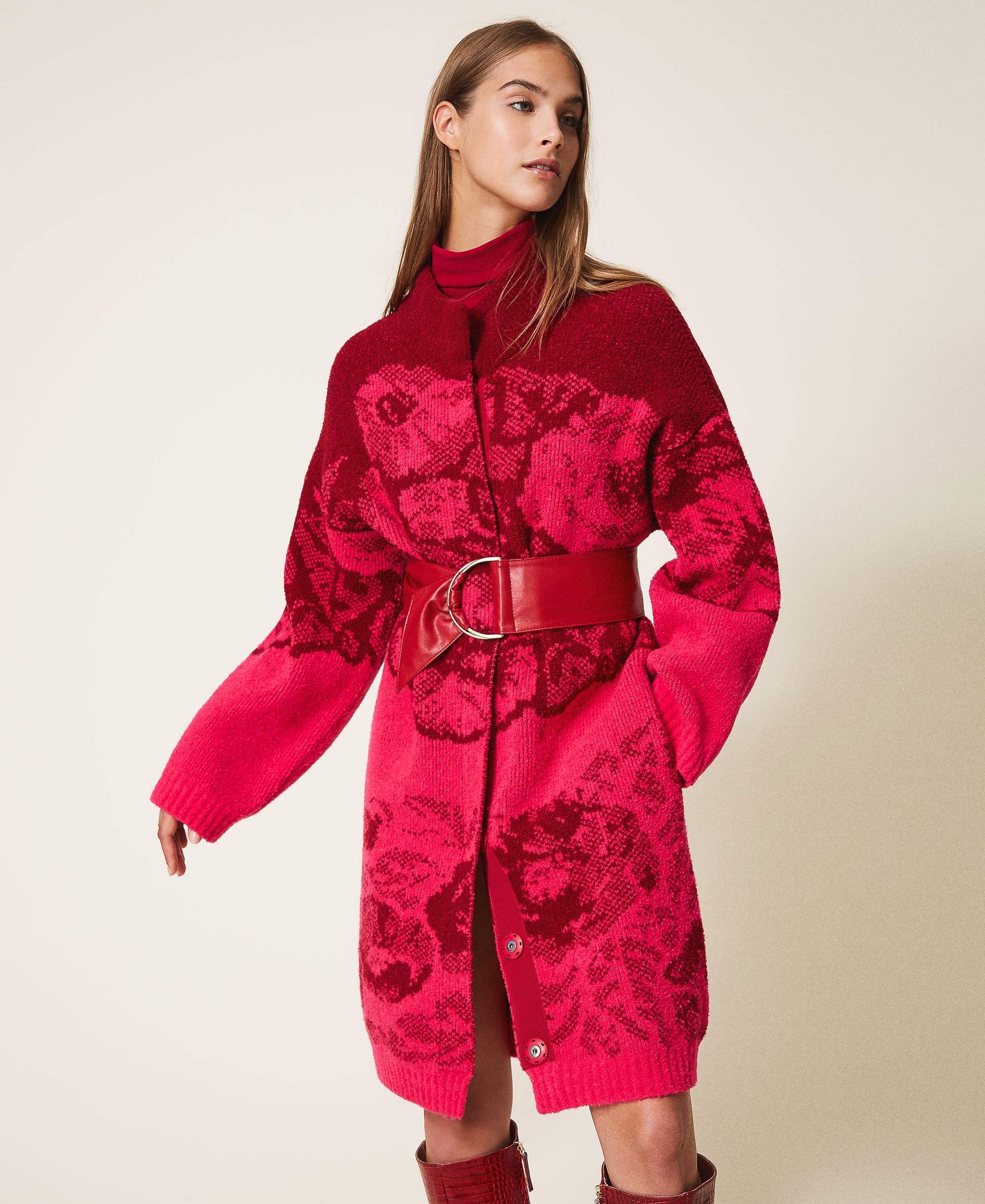 Floral jacquard knit coat Woman, Red TWINSET Milano