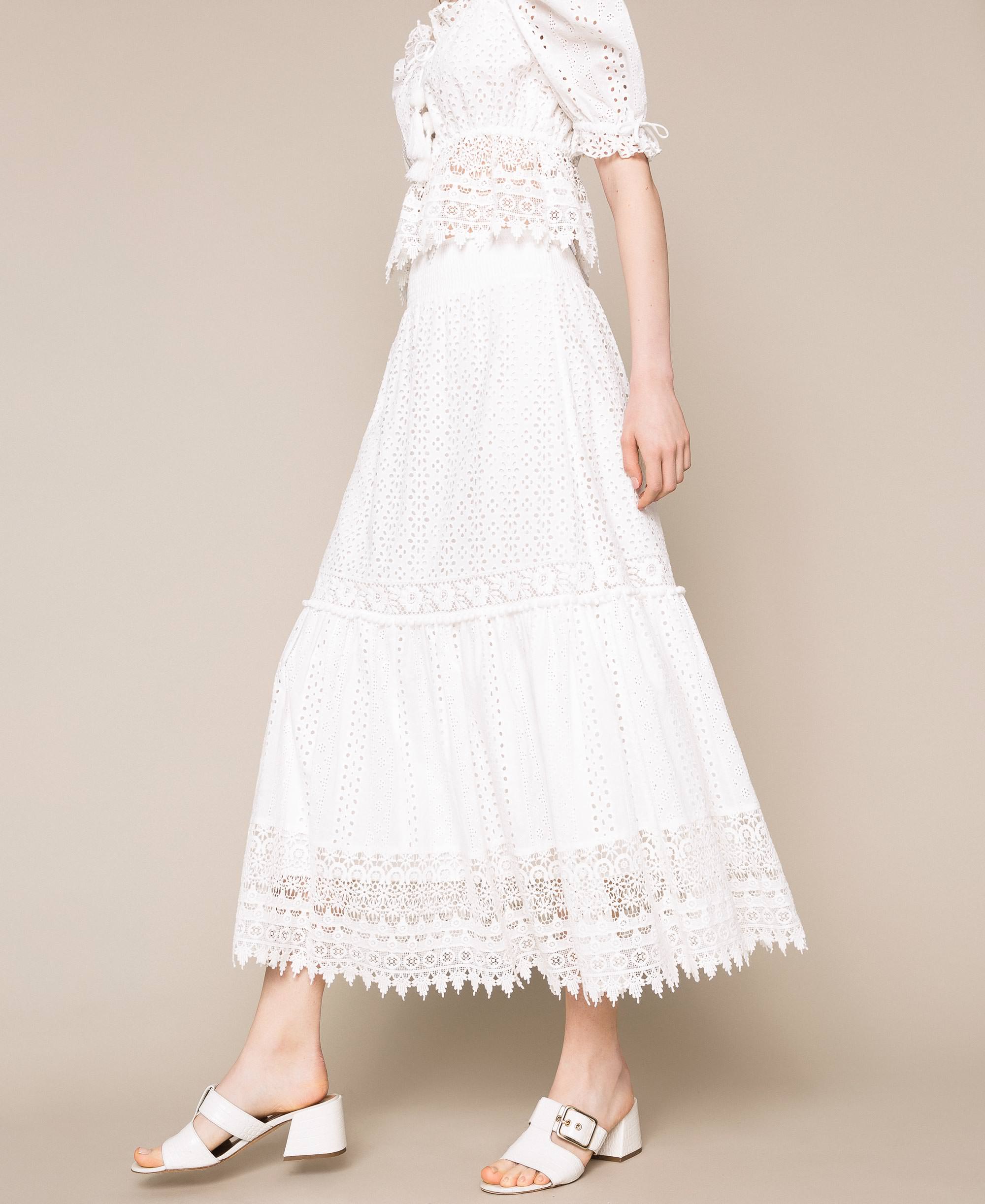 Broderie Anglaise Long Skirt With Lace Woman White Twinset Milano 3826