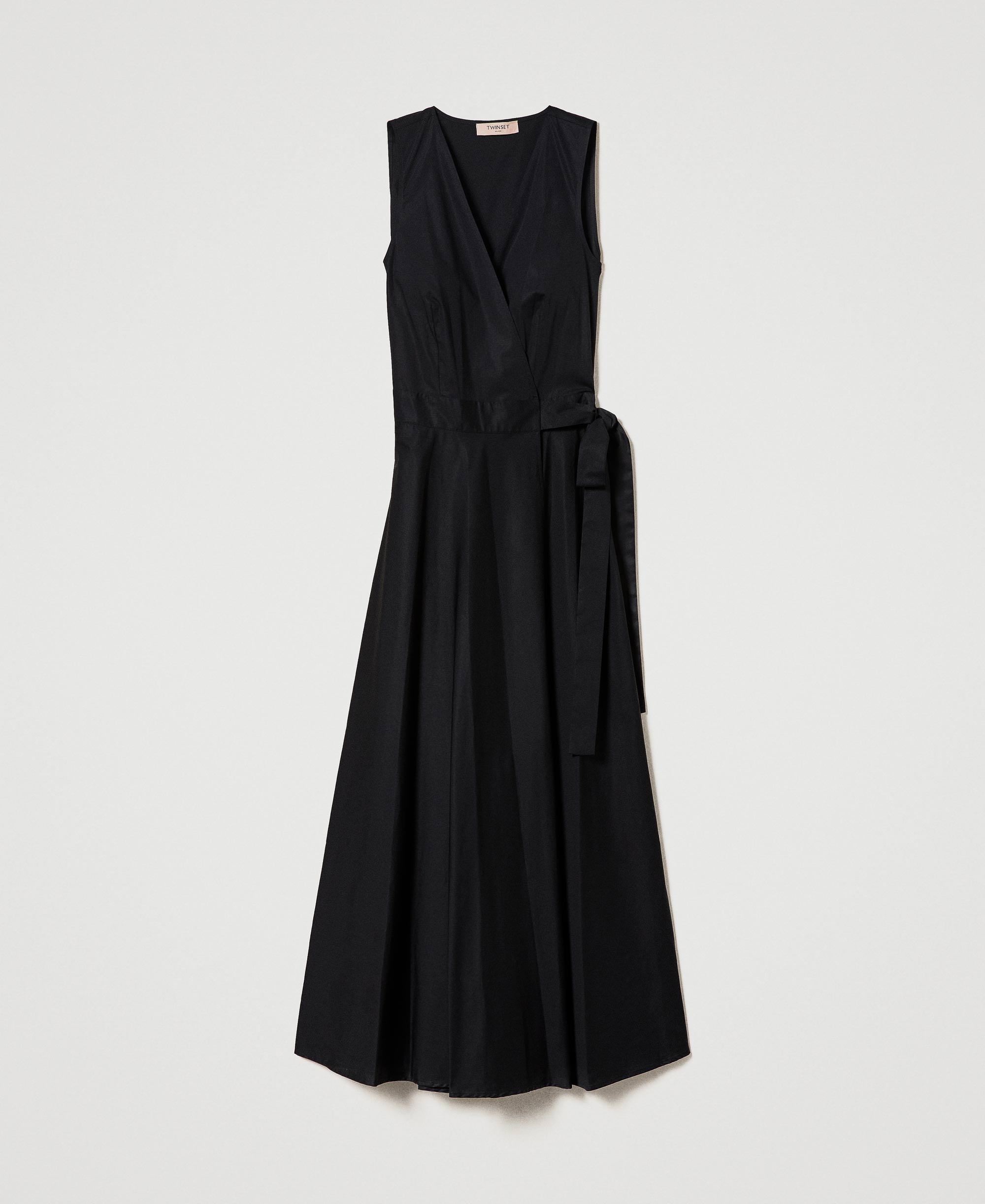 Long poplin wrap-around dress Woman, Black | TWINSET Milano