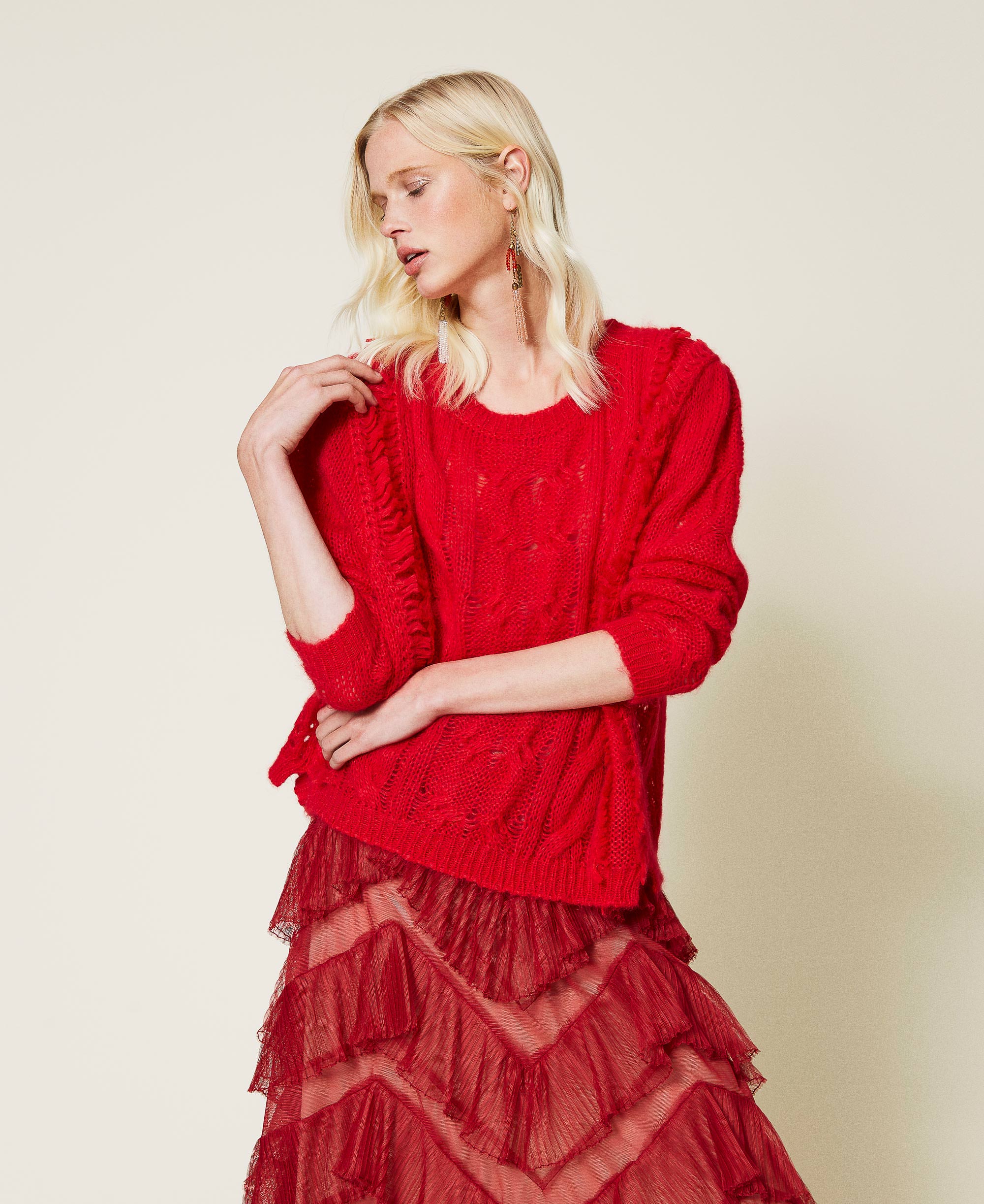 Mohair Blend Maxi Jumper With Fringes Woman Red Twinset Milano