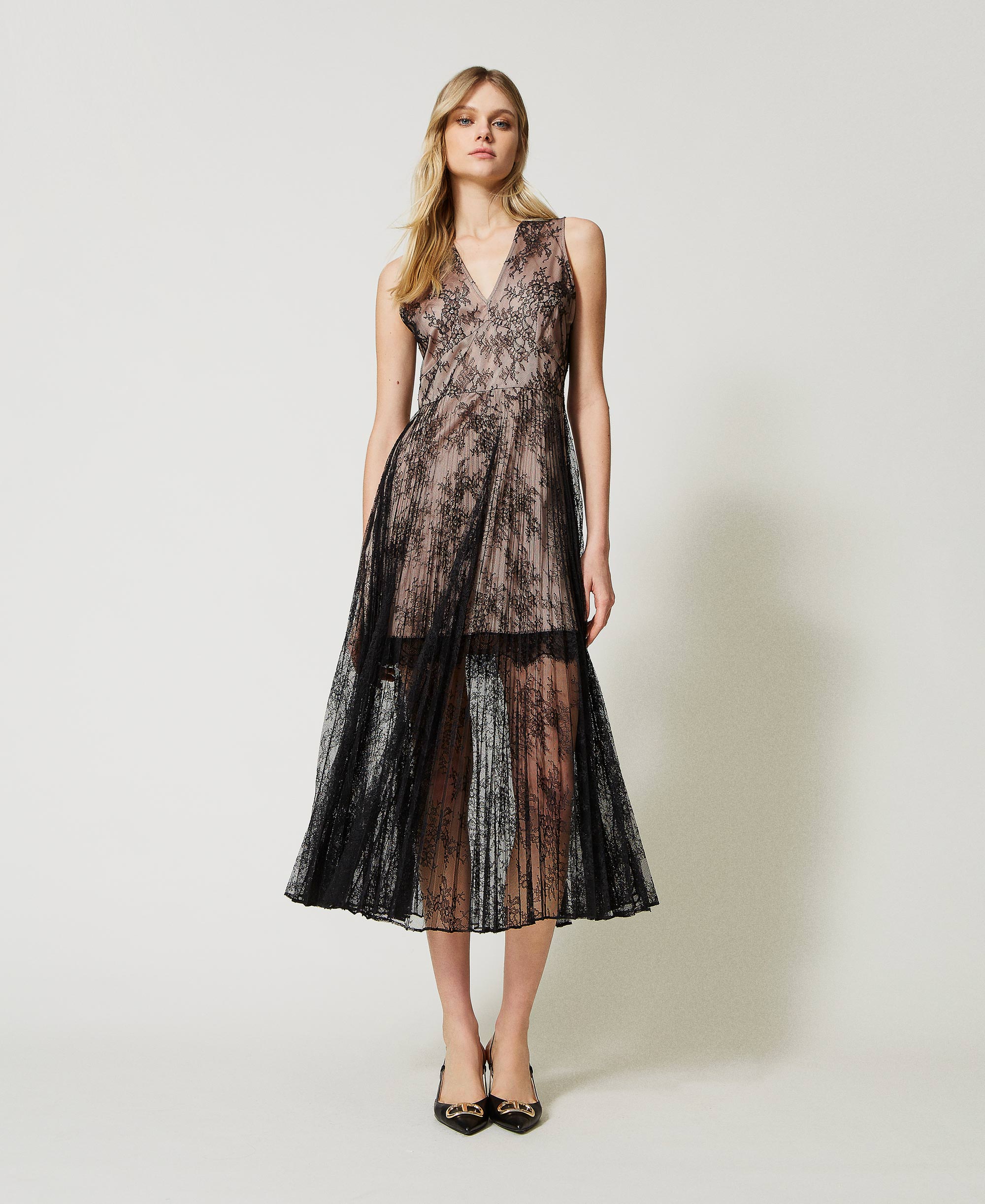 Long Pleated Lace Dress Woman Black Twinset Milano 