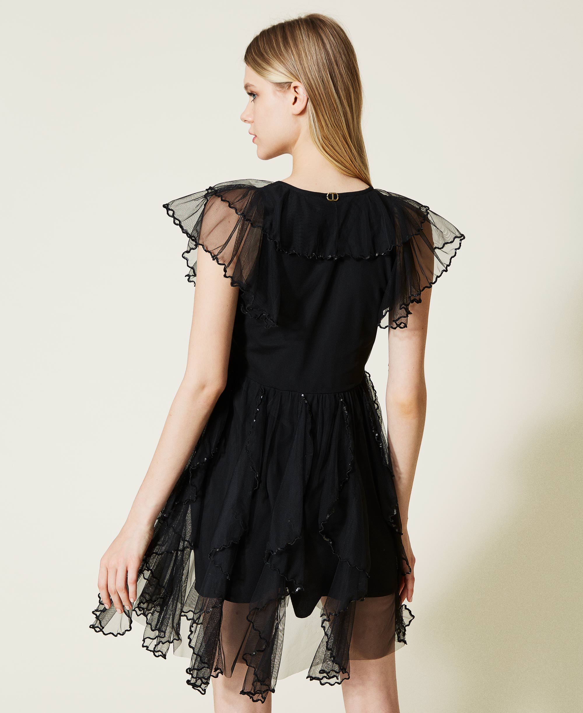 Short Tulle Dress With Ruffles Woman, Black 